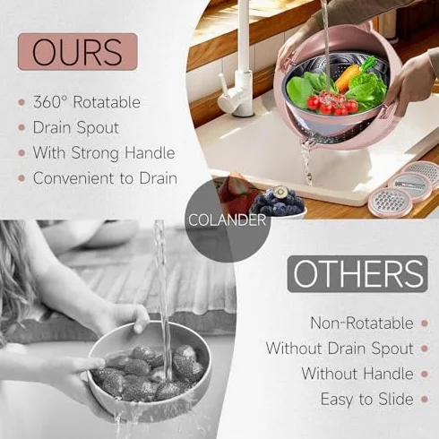 Juego de colador con cuenco para mezclar, colador de alimentos de cocina para pasta, arroz, frutas y verduras, ideal para preparación de ensaladas y artículos esenciales para el hogar