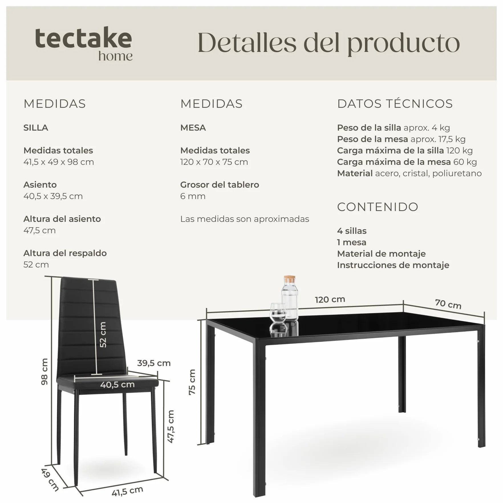 tectake® Conjunto Mesa y sillas de Comedor, Mesa con Tablero Cristal Seguridad y 4 sillas Cocina tapizadas Cuero sintético, Estructura Acero, sillas Comedor, Set Muebles de Cocina - Negro