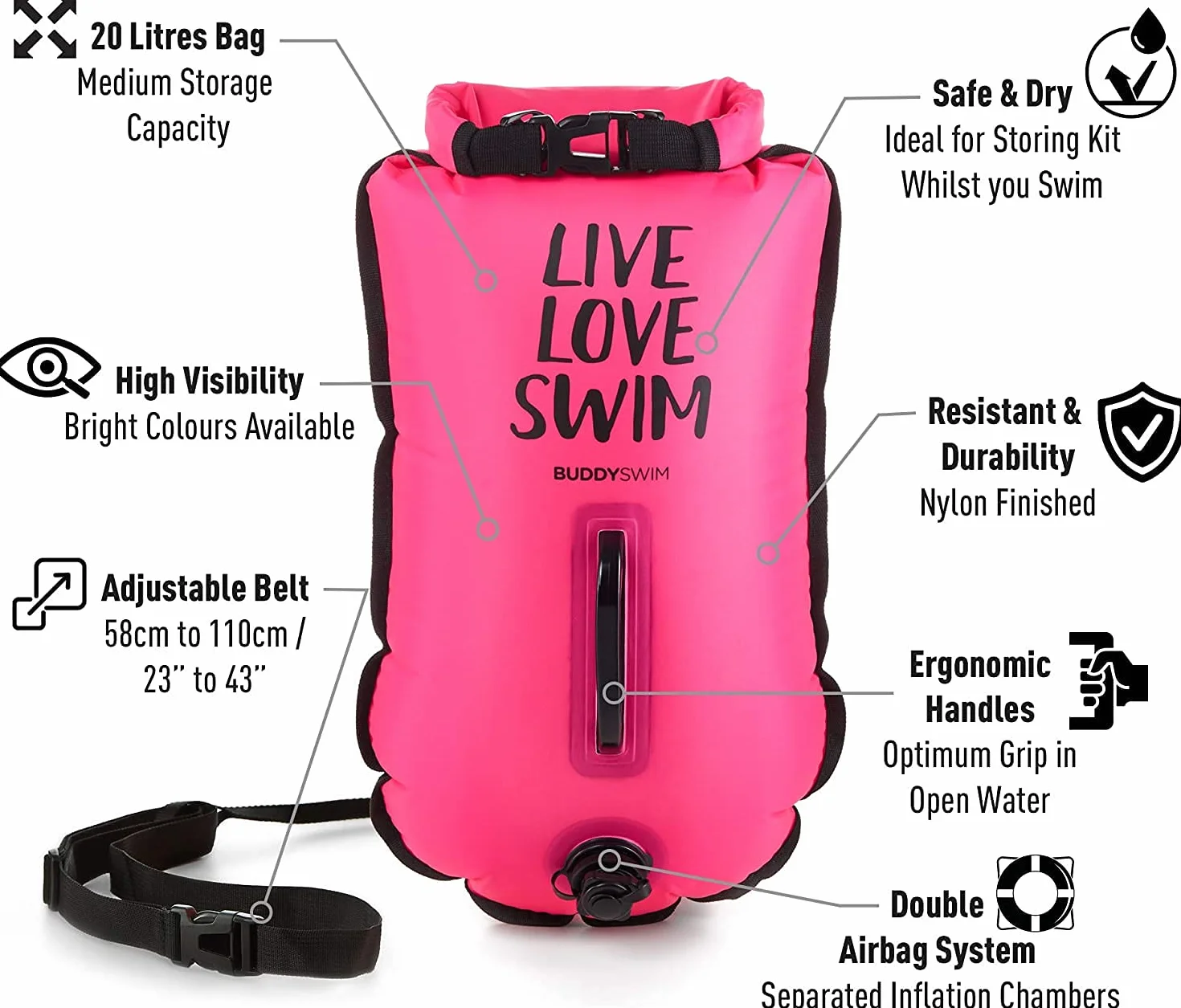 Boya Natacion Aguas Abiertas 20L Gorro Silicona Seguridad Bolsa Impermeable Doble Camara Aire Cinturon Ajustable Alta Visibilidad