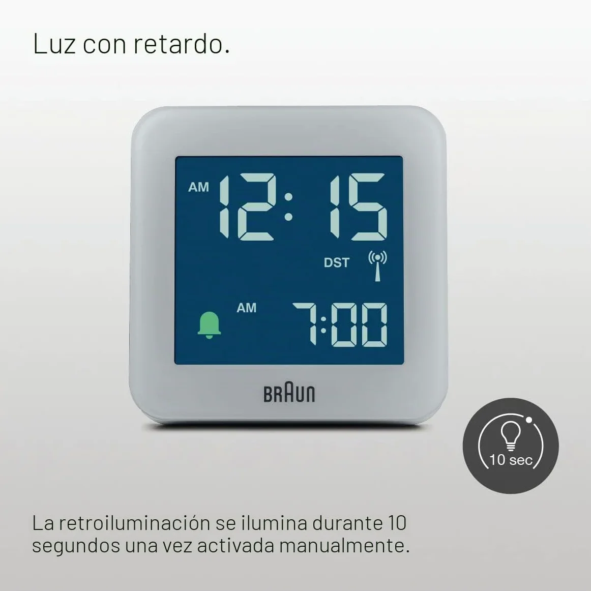 Braun Reloj Despertador Digital radiocontrol para el Huso horario de Europa Central (DCF) con botón de repetición, Pantalla LCD, Ajuste rápido, Alarma en Crescendo, Gris, Modelo BC09G-DCF