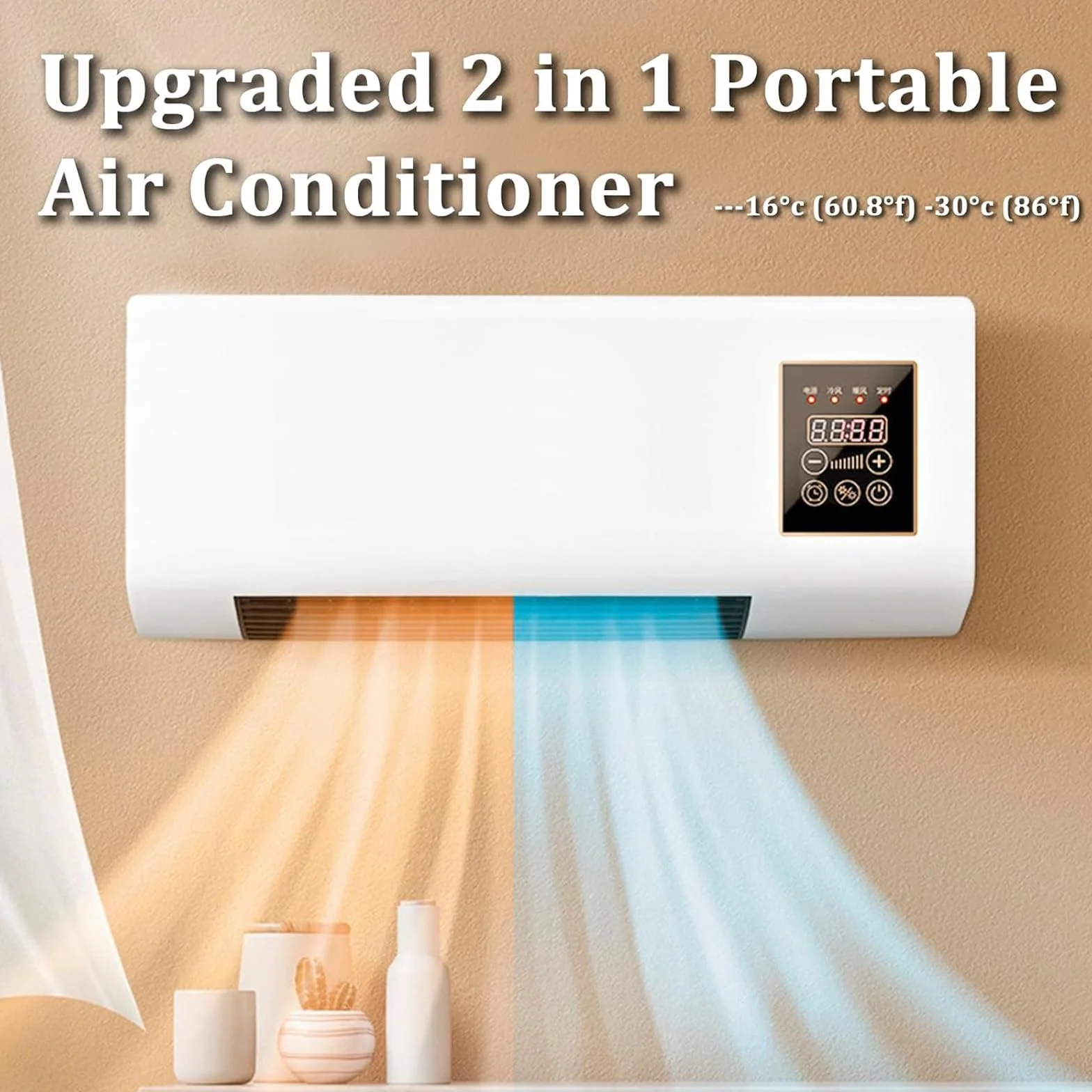Aire acondicionado portátil sin conductos y ventilador de pared sin aspas, unidad de aire acondicionado portátil 3 en 1 (sistema de refrigeración/ventilación/split) con control remoto, diseño ultras