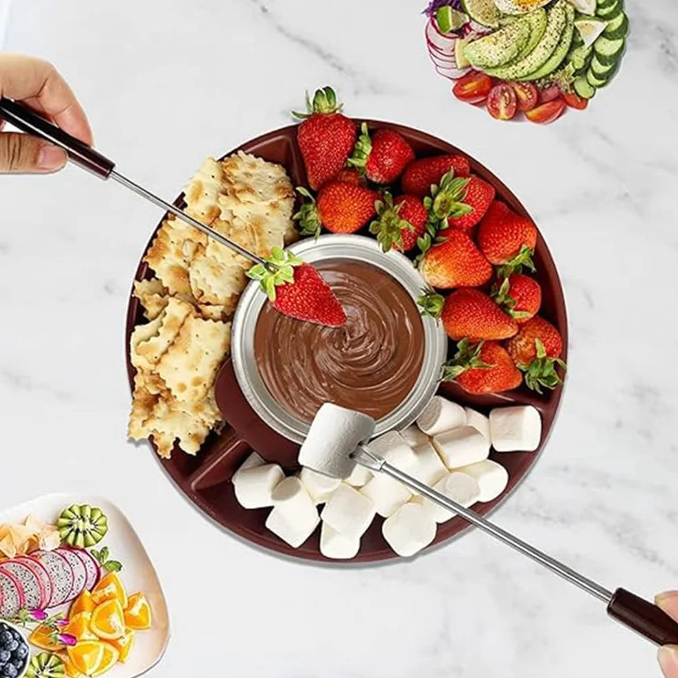 Juego de Ollas para Fondue, MáQuina EléCtrica para Hacer Fondue de Chocolate con 4 Tenedores, Kit de MáQuina para Fundir Queso, Control de Temperatura. Enchufe Europeo