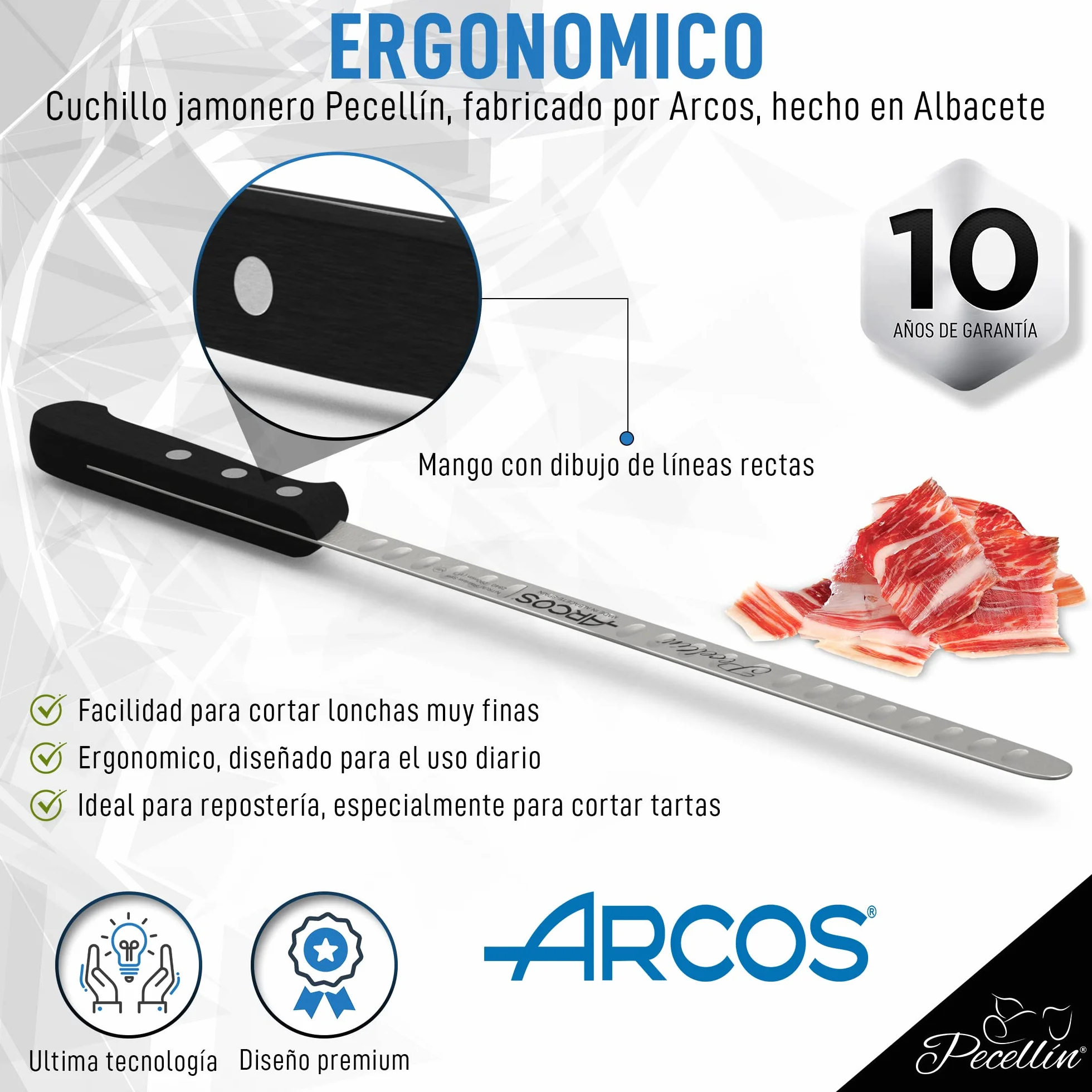 Cuchillo Jamonero Profesional con Alveolos de 29cm | Cuchillo Jamonero de Calidad de Hoja Flexible Acero Inoxidable NITRUM Proteccion Bacteriana para Patas de Jamón y Paletas