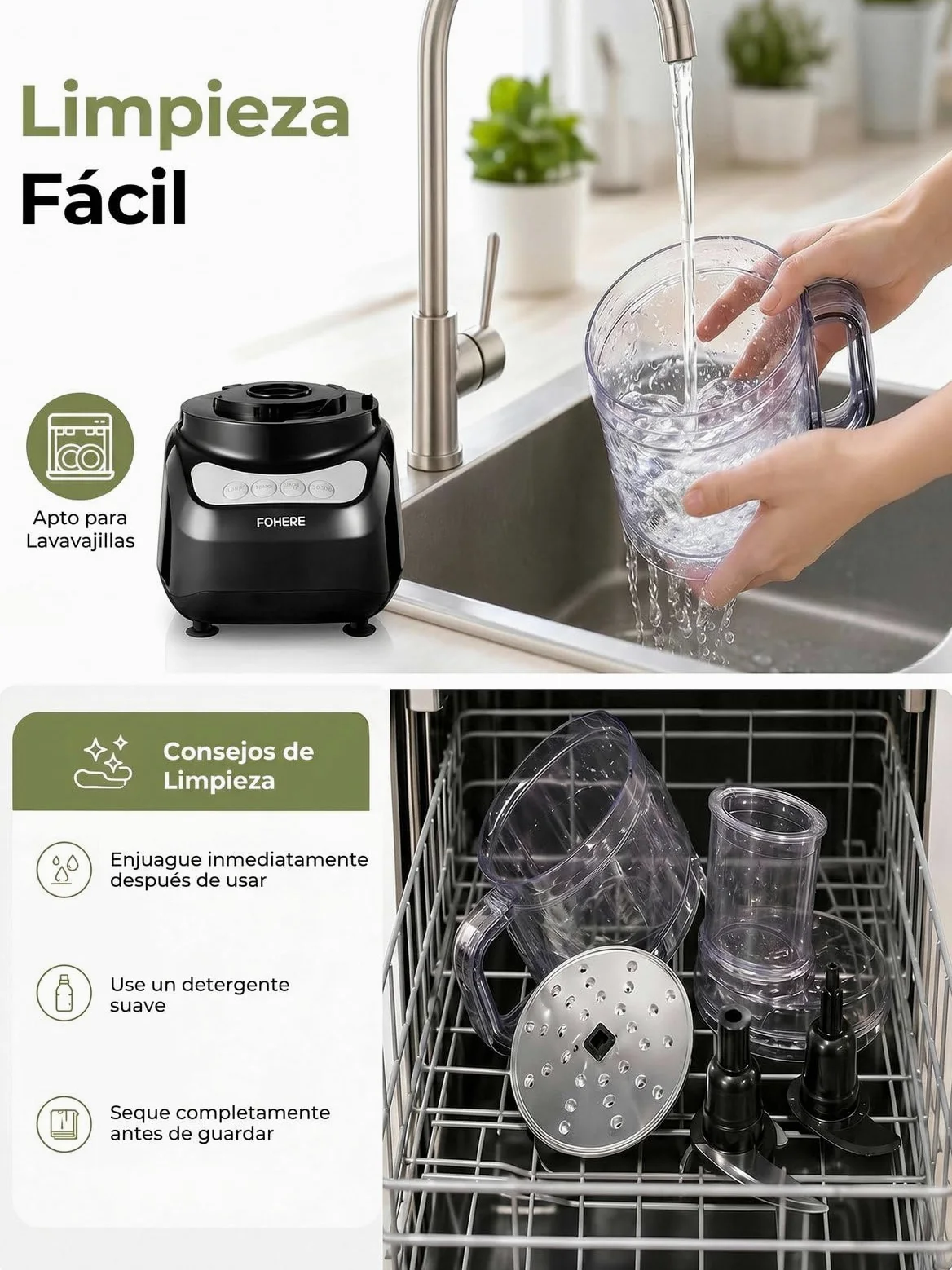 Robot de Cocina 2,3 L, Boca de Alimentación Grande 2 en 1 | Procesador de Alimentos 3 Vel. , Acero Inoxidable, Picar, Rallar, Hacer Puré, Amasar, fácil de limpiar para uso doméstic