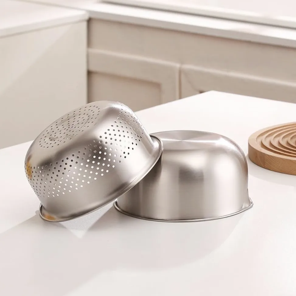 Juego de colador de acero inoxidable, 2 piezas de colador de frutas y verduras con cuenco medidor, cesta de drenaje de pasta para uso en cocina y campamento (M)