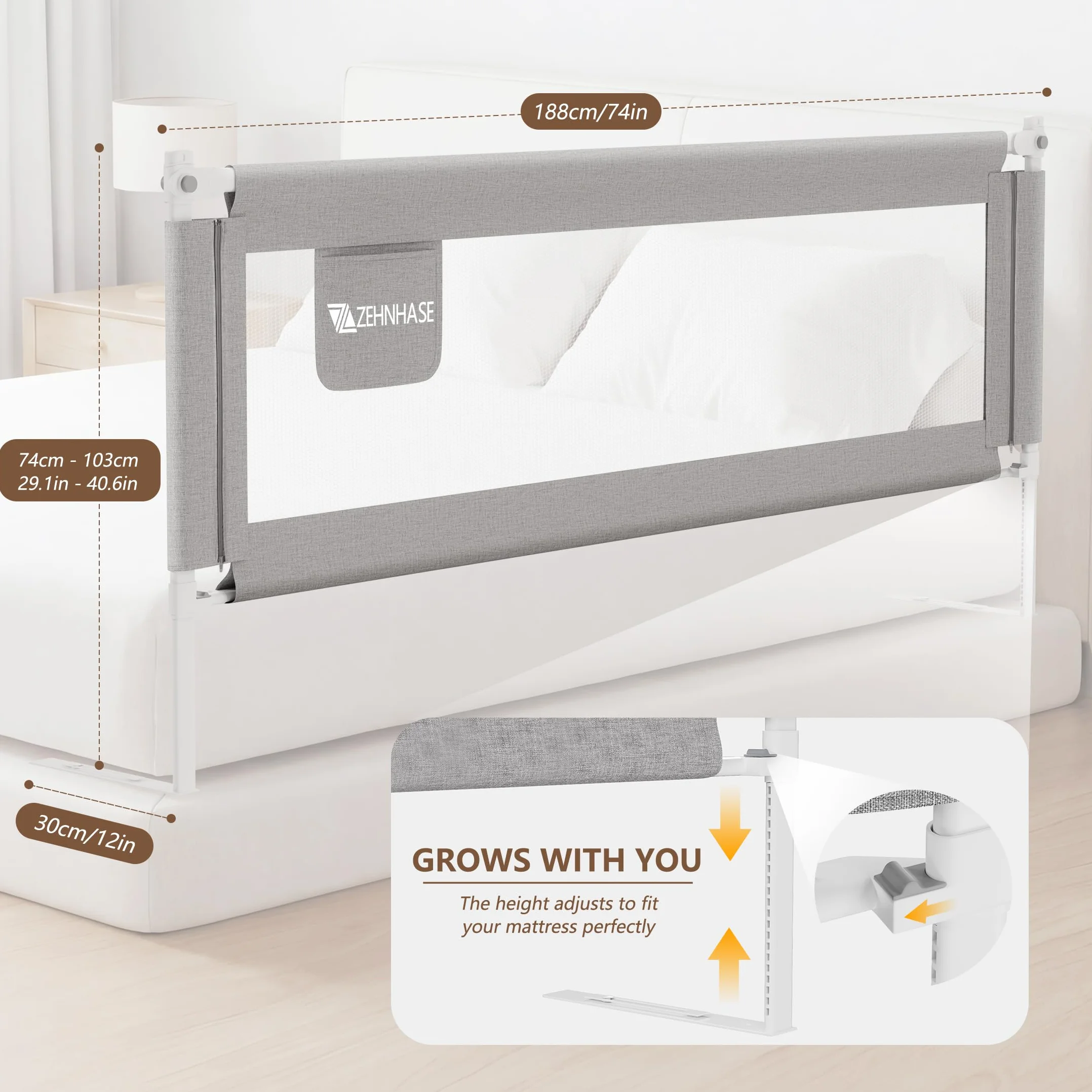 Barandilla de Cama para Bebés, Barrera de Cama para Niños Colchón Doble, Tamaño Completo Queen y King, Gris, 190cm, 1 Lado