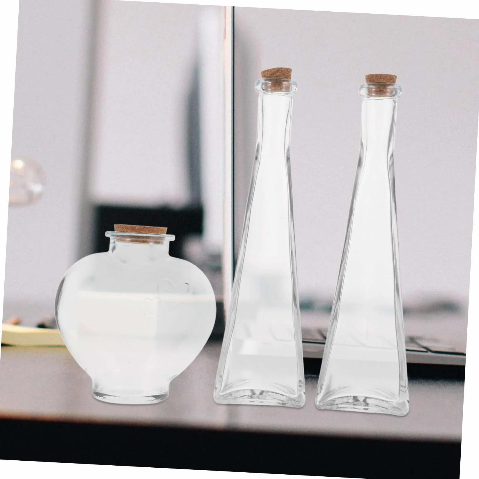 Juego de 3 Botellas Decorativas de Vidrio para Marco Ceremonia Arena Forma de Corazón y Prisma, Ideales para Boda y Uso DIY