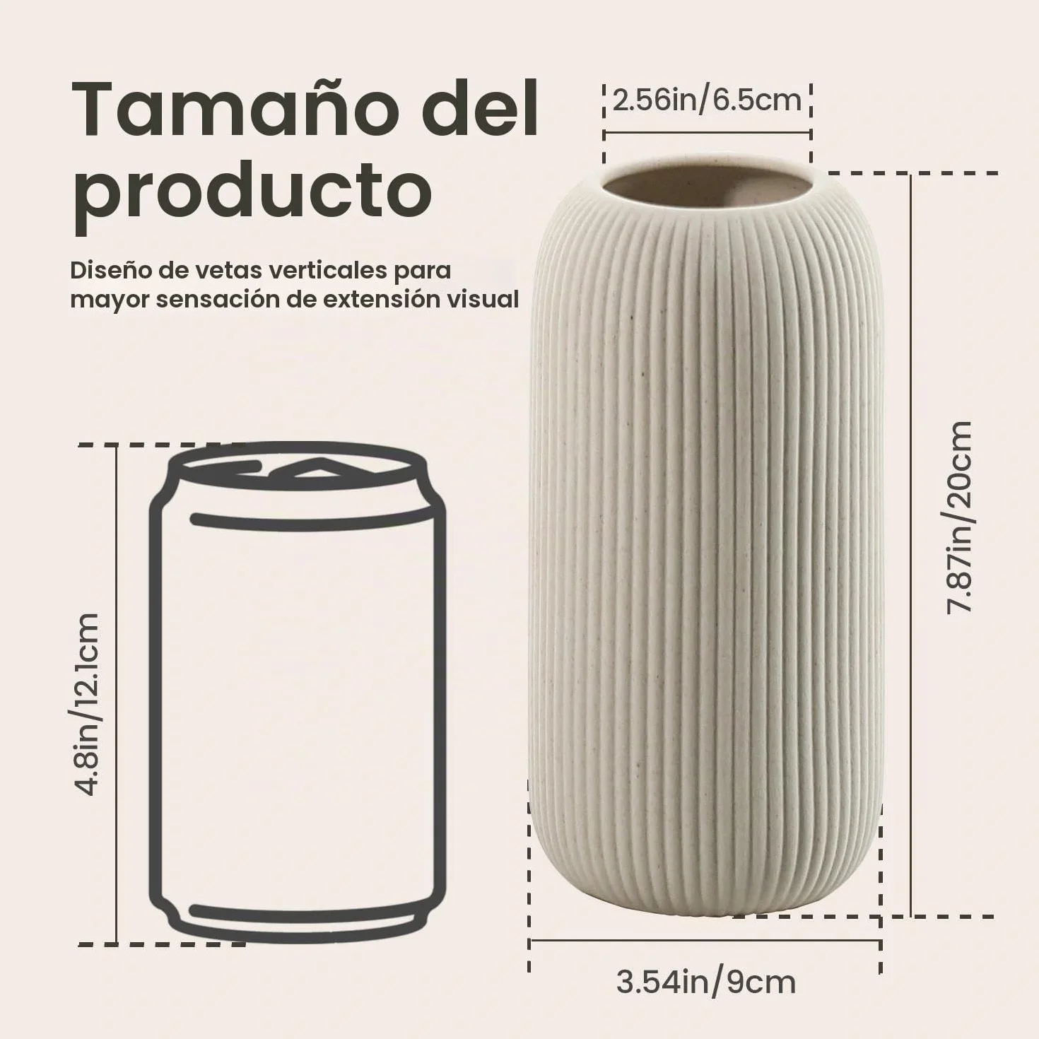 Jarrón moderno de cerámica, color blanco, acanalado, forma cilíndrica (beige)