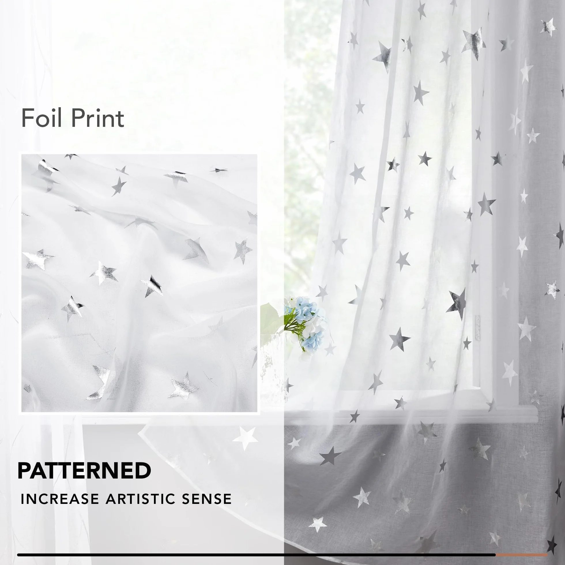Deconovo Cortinas Dormitorio Blancas con Motivos Plateados Translucidas 2 Piezas 140x145cm Blanco-Estrella