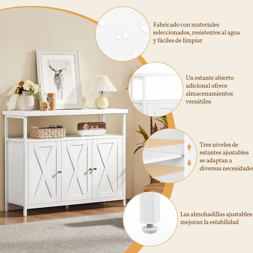 Yaheetech Aparador de Comedor Armario de Madera con 3 Puertas Armario de Almacenamiento con Estantes Ajustables para Salón Pasillo Cocina Sala de Estar 100x35x81.5 cm Blanco