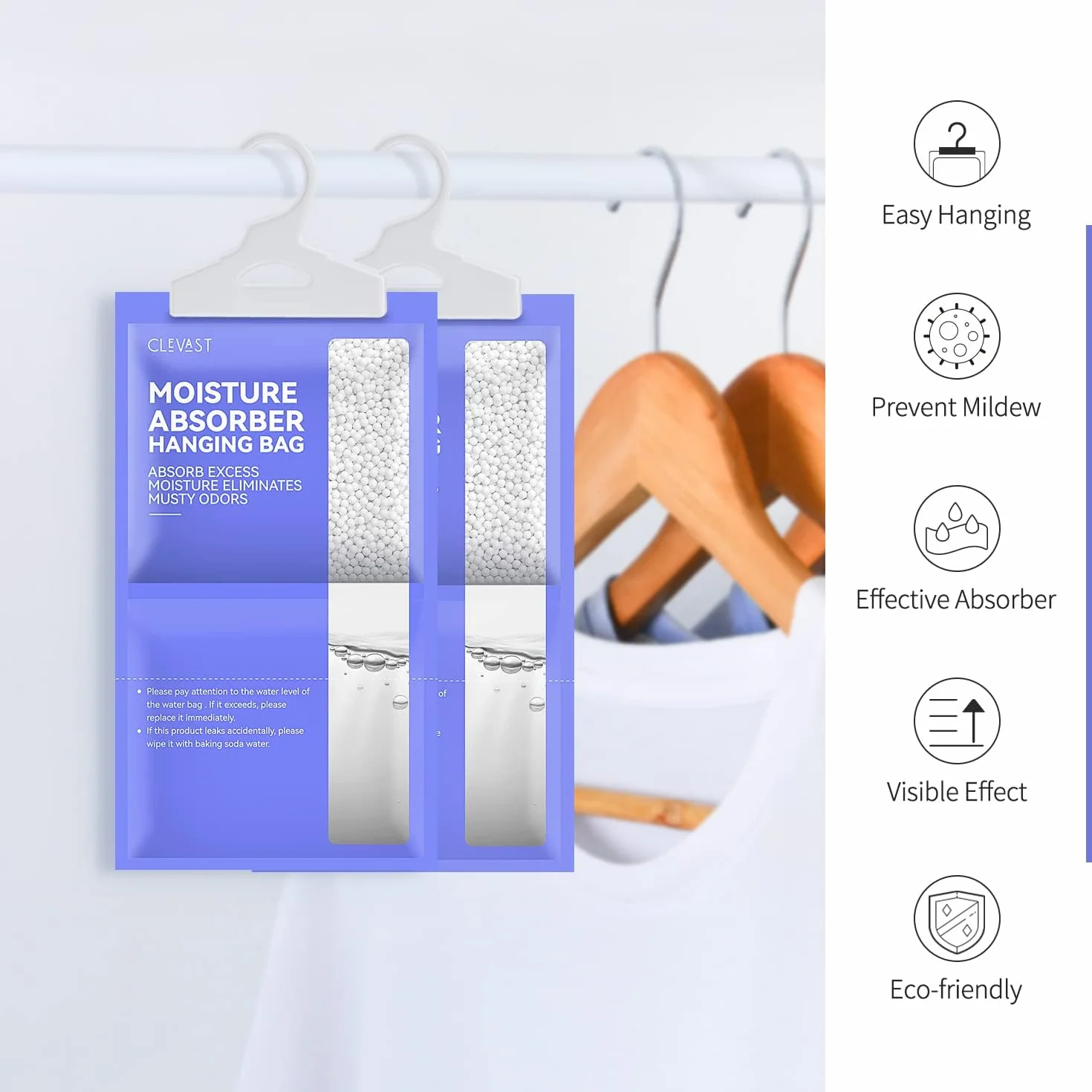 CLEVAST Bolsas Antihumedad para Colgar de 230g, Absorbente de Humedad para Armarios, Deshumidificador para Ropa, Zapateros, Baño, Cocina, Garaje, Sótano y Caravana, Protege contra Moho y Humedad (5)