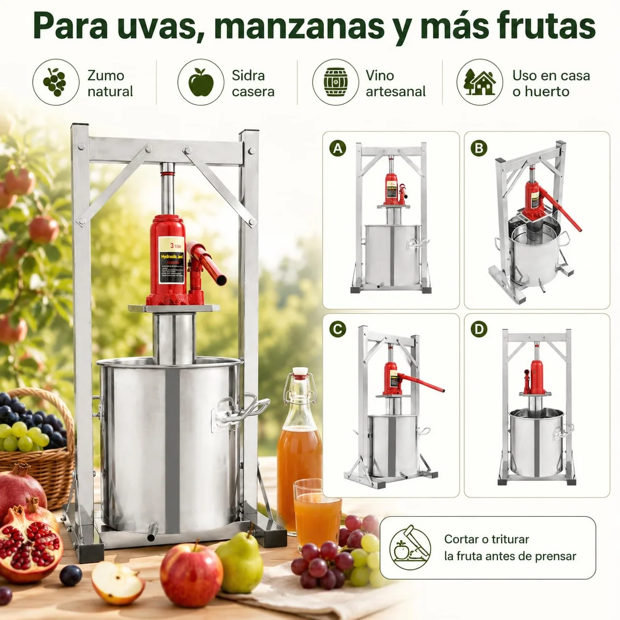 Prensa Hidráulica para Frutas 12L, Prensa Manual de Acero Inoxidable 201/304 con Gato 3T con Tambor, Marco de Prensa y Conector Hidráulico para Uvas, Manzanas, Sidra, Vino y Zumo