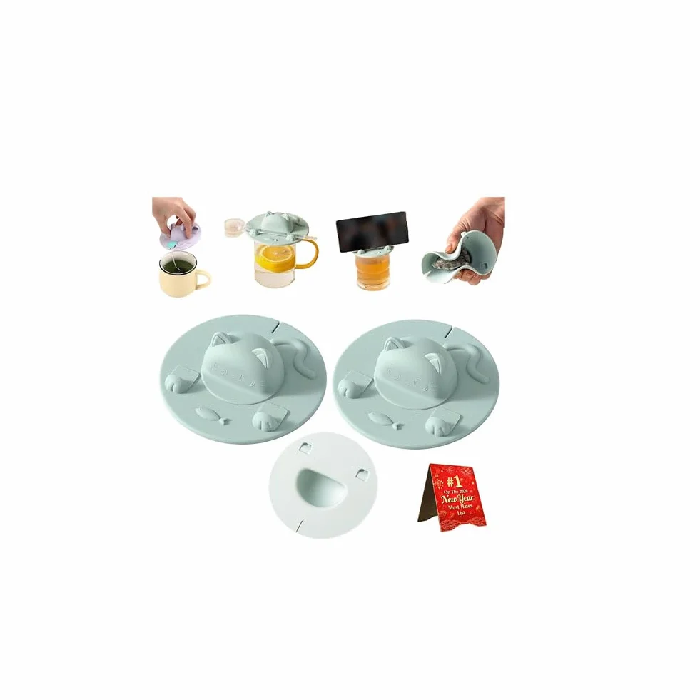 2 tapas para tazas de té, 2 tapas de silicona con diseño de gato, 4 en silicona, soporte para bolsas de té y exprimidor con soporte para taza de té, tapa para lavavajillas, para té de leche de café