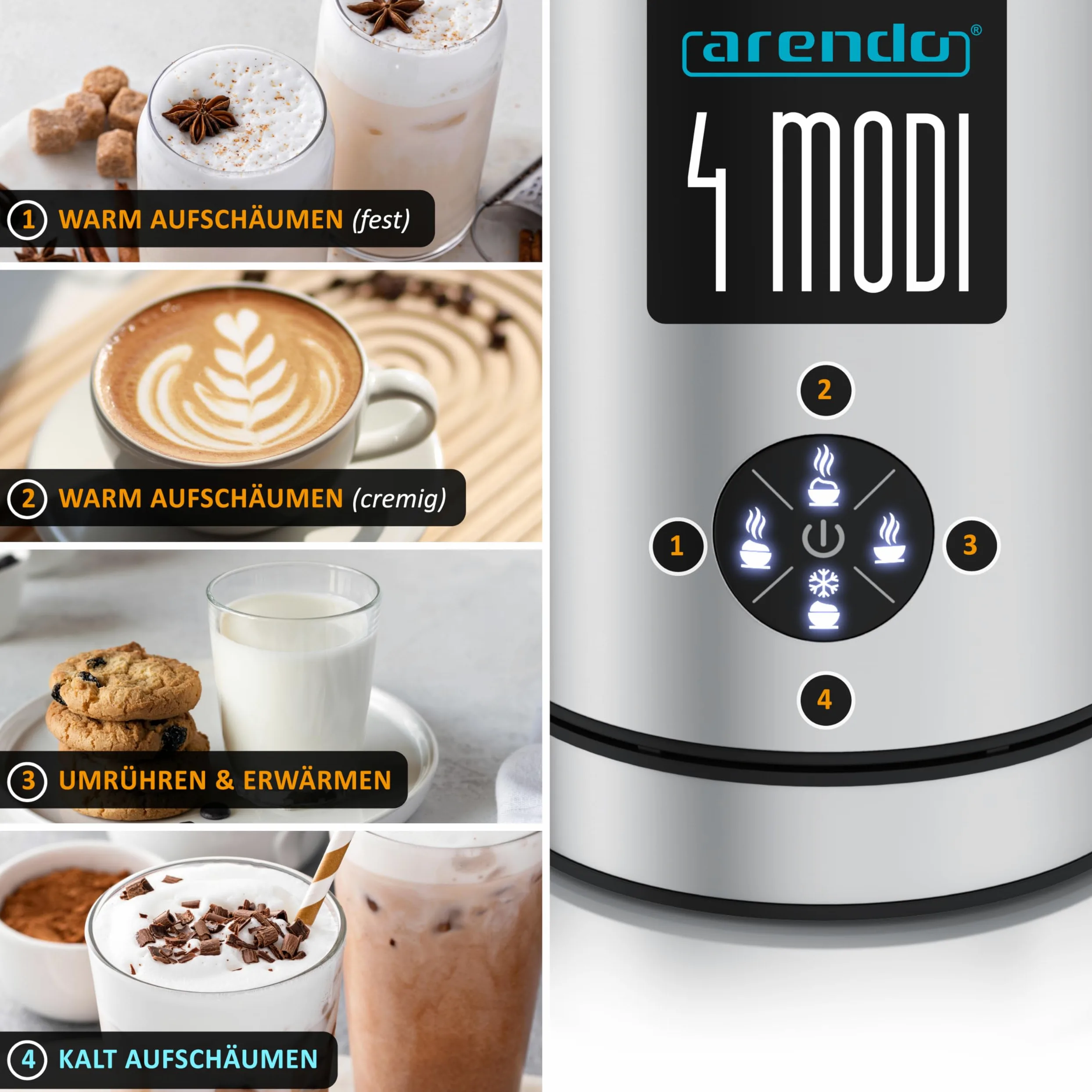 Arendo - Espumador de leche eléctrico 4 en 1 – Carcasa de doble pared – 4 programas – Espuma caliente y fría – Espuma cremosa y firme – 150-300 ml – Revestimiento antiadherente – Cappuccino Latte
