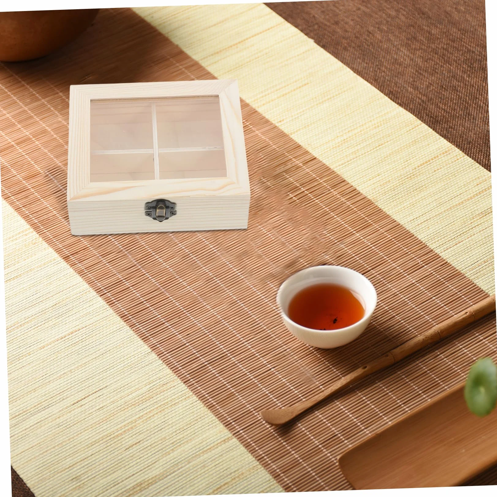 SHOWERORO Caja Organizadora Madera con Ventana Transparente y Cuatro Compartimentos Almacenamiento Multifuncional para Bolsitas Café para Cocina y Oficina