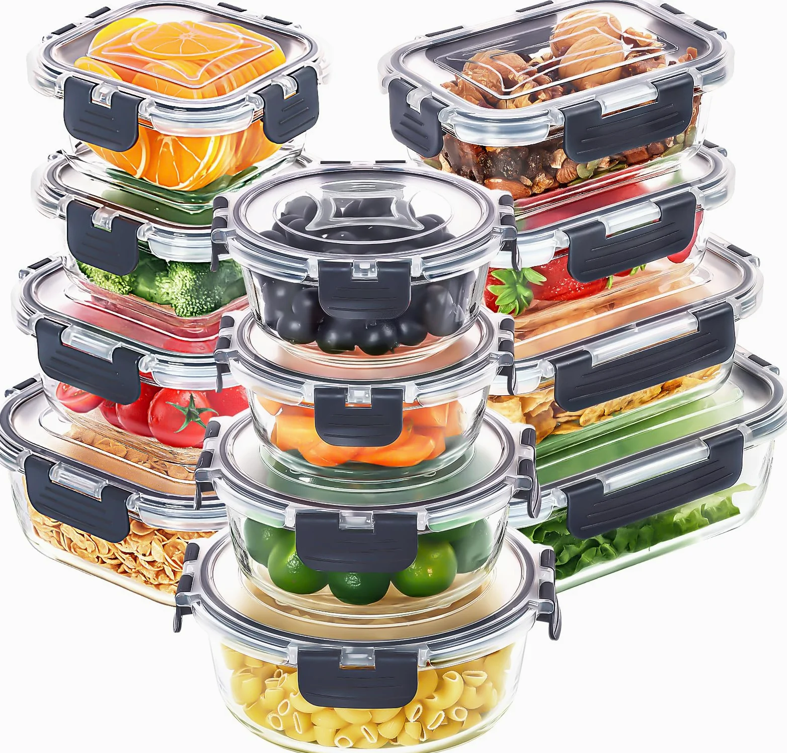 Skroam Paquete de 12 recipientes de vidrio para almacenamiento y preparación de comidas, almacenamiento de cocina para almuerzo, a prueba de fugas,