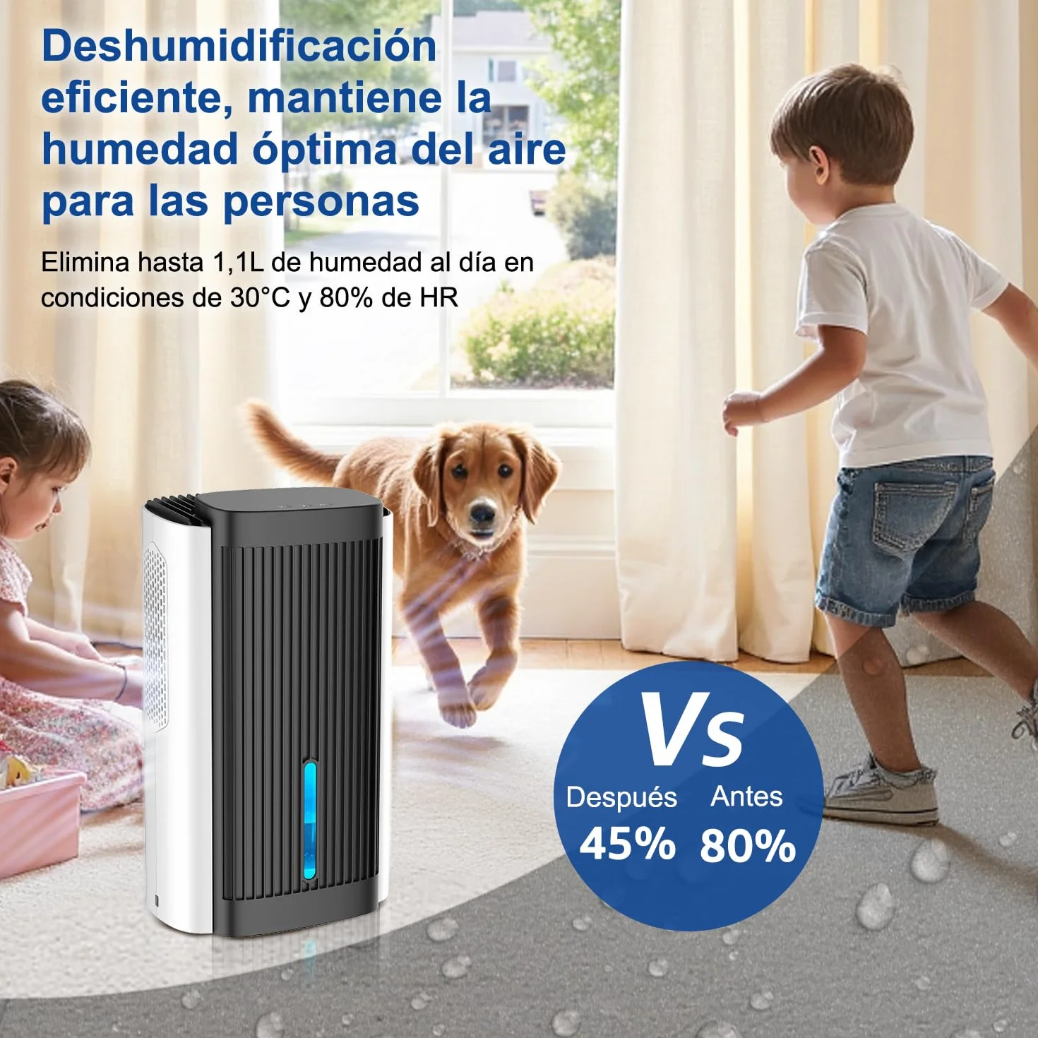 Deshumidificador Eléctrico 1,1 L – Deshumidificador Silencioso < 28 dB con Apagado Automático, Modo Sueño & Luz Nocturna, para Hogar, Baño y Sótano (blanco y negro)