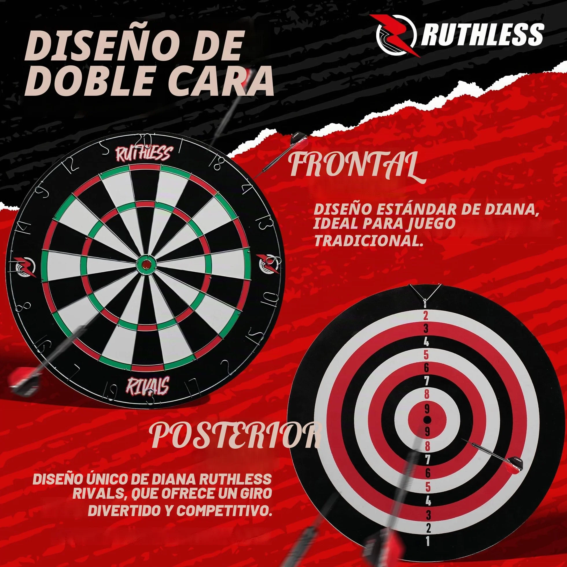 Ruthless Rivals DB074 Juego de mesa de dardos de doble cara 18 pulgadas diana familiar con 2 juegos de dardos