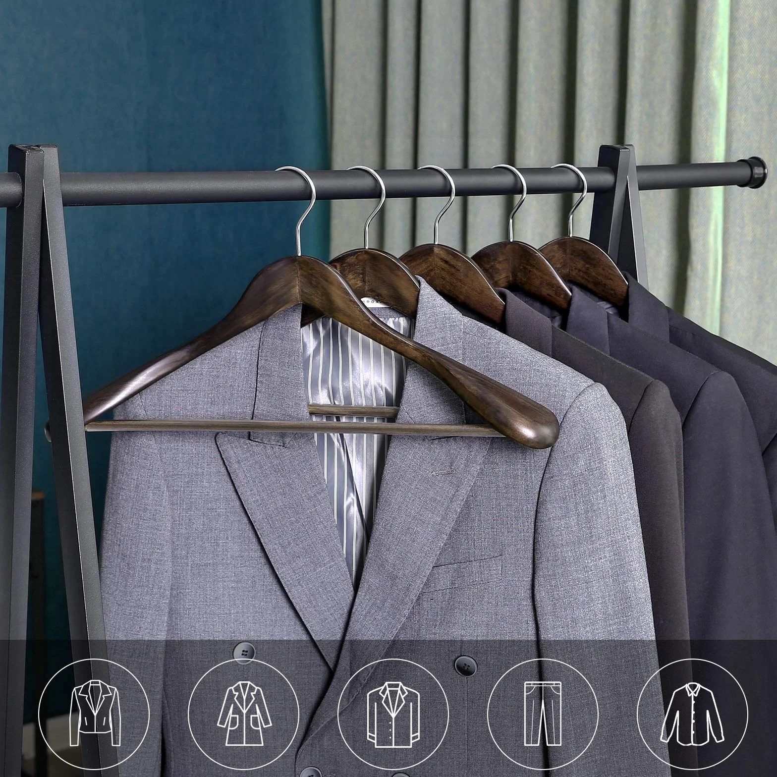 SONGMICS Perchas para trajes, perchas de madera maciza con extremos anchos, barra antideslizante para pantalones, juego de 6 para atuendos, camisas, abrigos, chaquetas, pantalones, gancho giratorio de