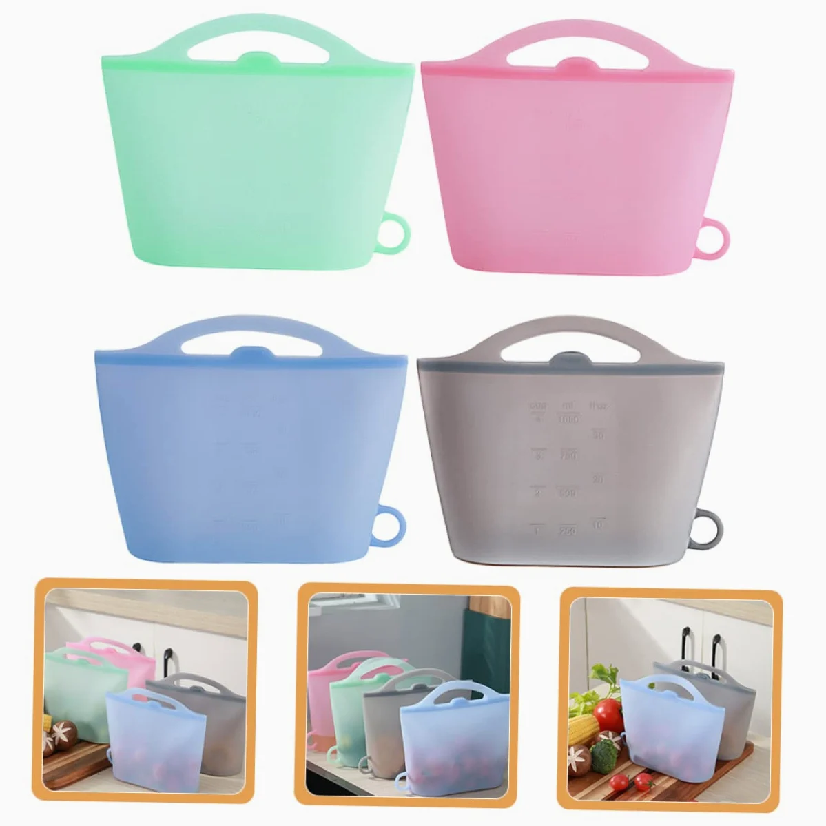 4 Bolsas De Silicona Para 1000ml Refrigerador Congelador Reutilizables Herméticas