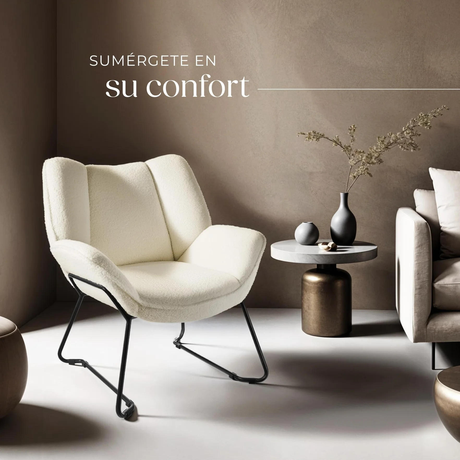 tectake® Sillón de Bouclé Acolchado y Reclinable, Butaca Escandinava con Reposabrazos y Respaldo, Tapizado de Espuma de Alta Densidad, Estructura de Acero con Protección Antideslizante - Crema/Blanco
