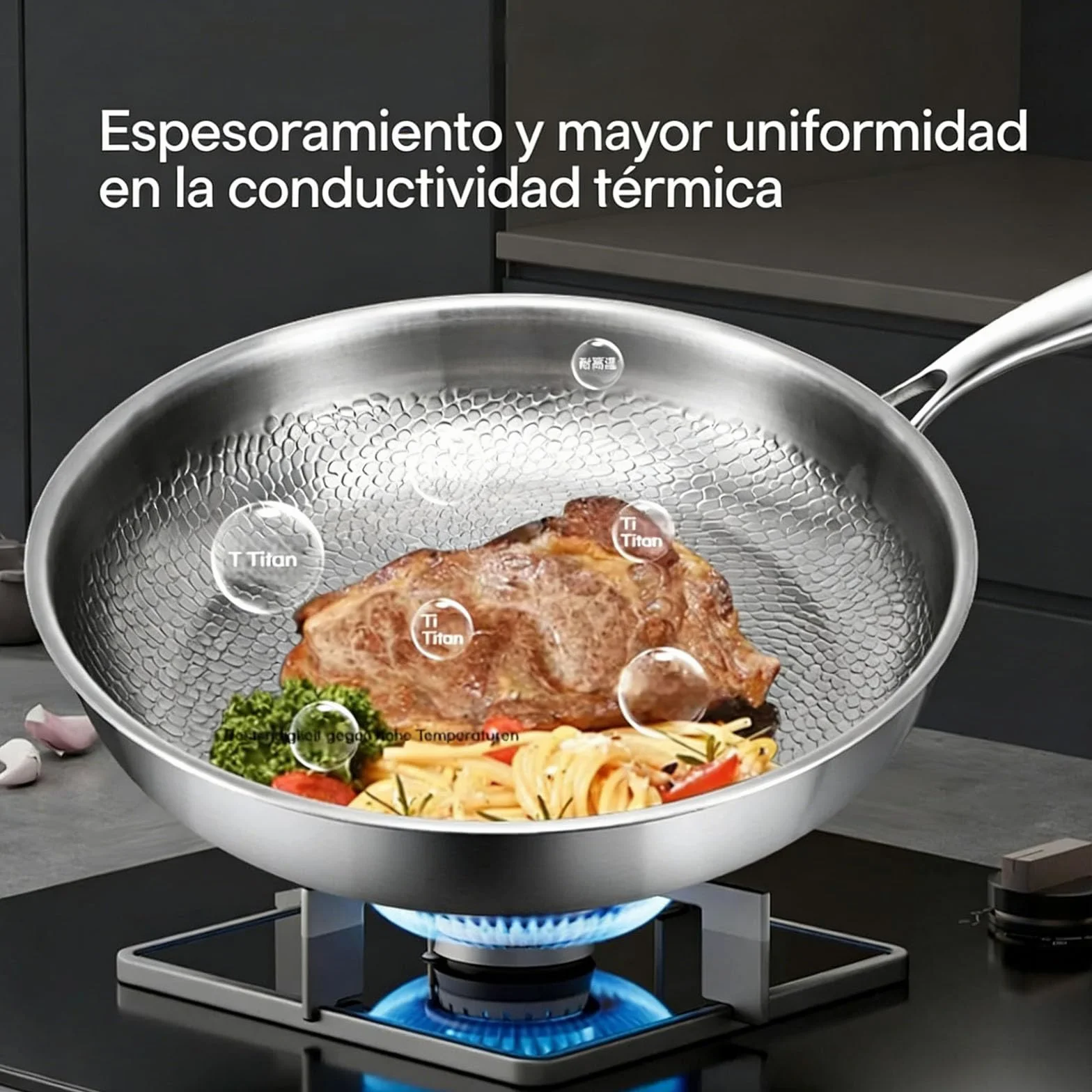 Mireve Sarten Acero 304, Mireve Sarten Titanio Puro, Sartén De Titanio Martillado, Resistente, Antiadherente, Apta Para Lavavajillas, Incluye Tapa Y Compatible Con Todas Las Placas (Sin Tapa, 22cm)
