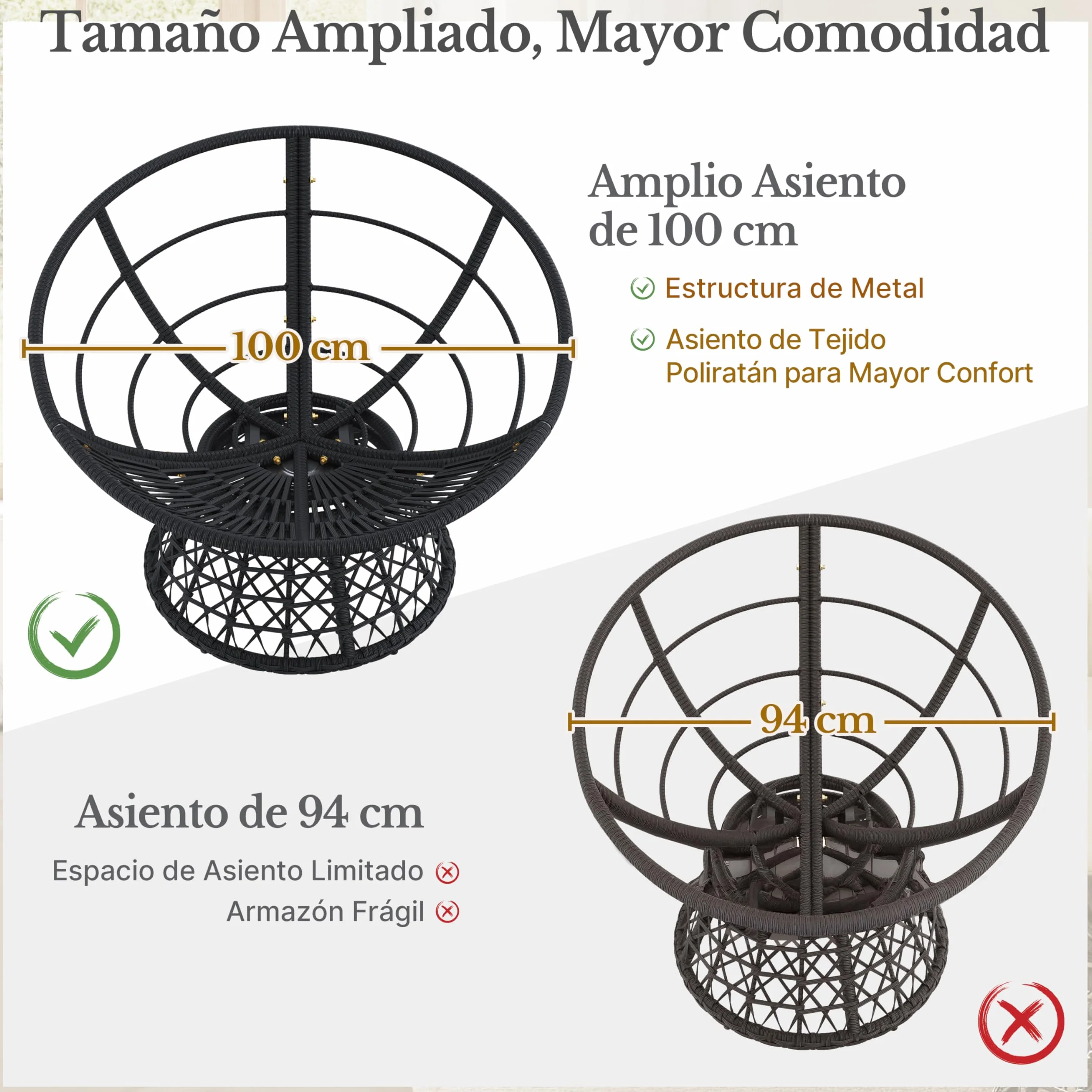 Yaheetech Sillón Papasan Giratorio 360°con Cojín Grueso de un Diámetro 100 cm, Hecho de Ratán Resistente y Adecuado para el salón, Dormitorio y Terraza (Gris)