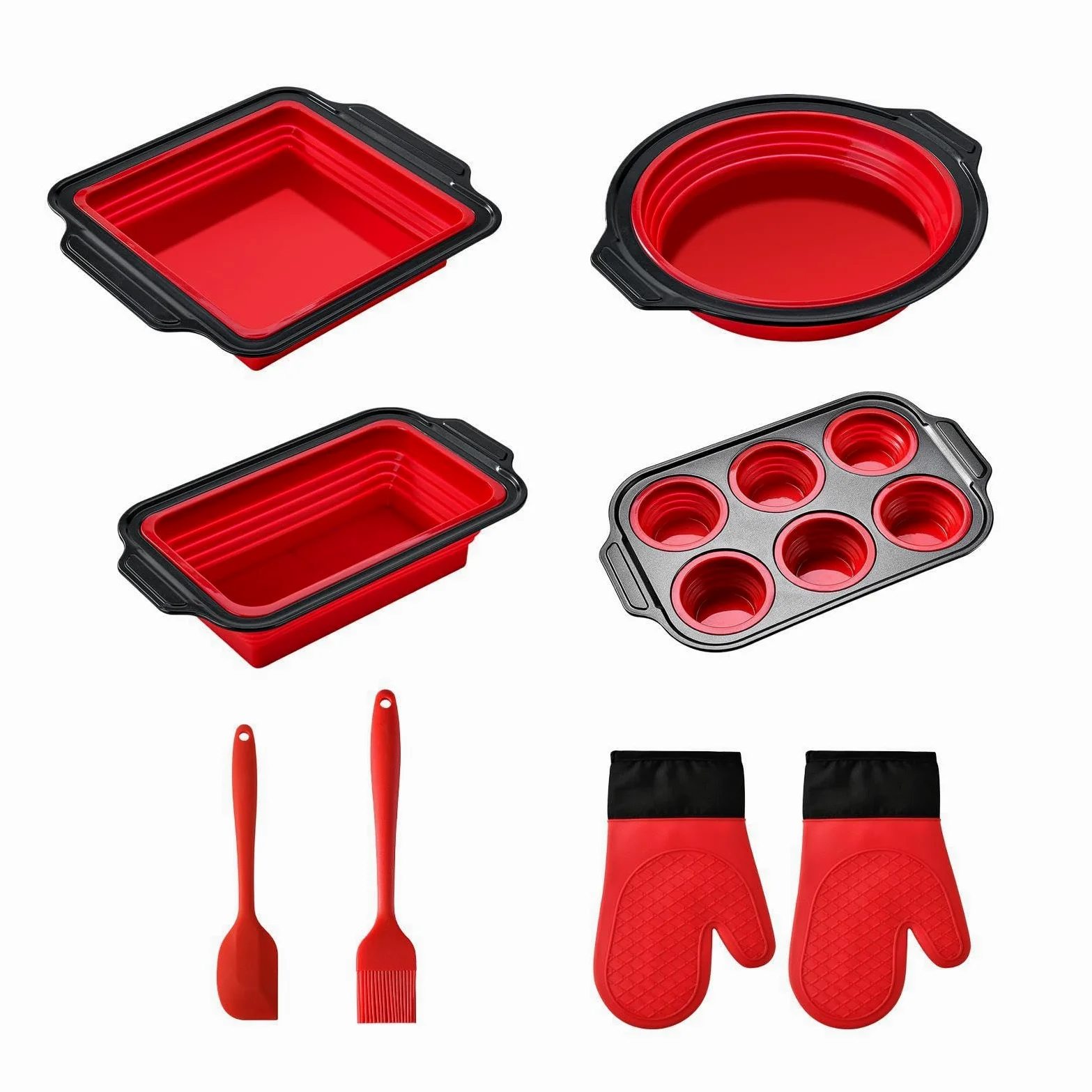 Genérico Molde de Silicona para Hornear Vajilla Flexible para Hornear | Con manoplas, rascador y cepillo, set con molde de silicona de horneado Resistente al Lavavajillas, para Magdalenas, Pan,