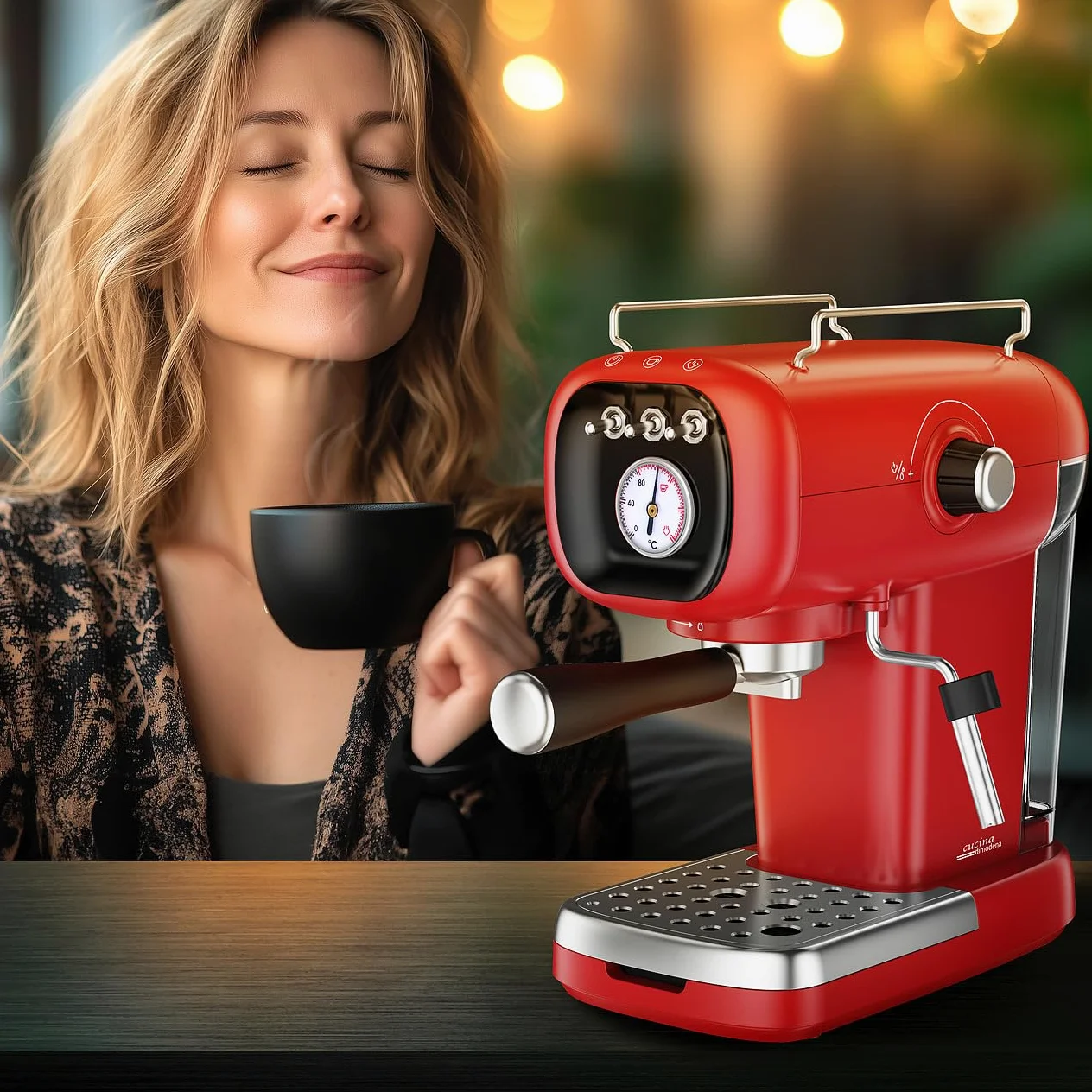 Máquina de espresso retro con portafiltro, adaptador para cápsulas tipo Nespresso, 20 bar, roja