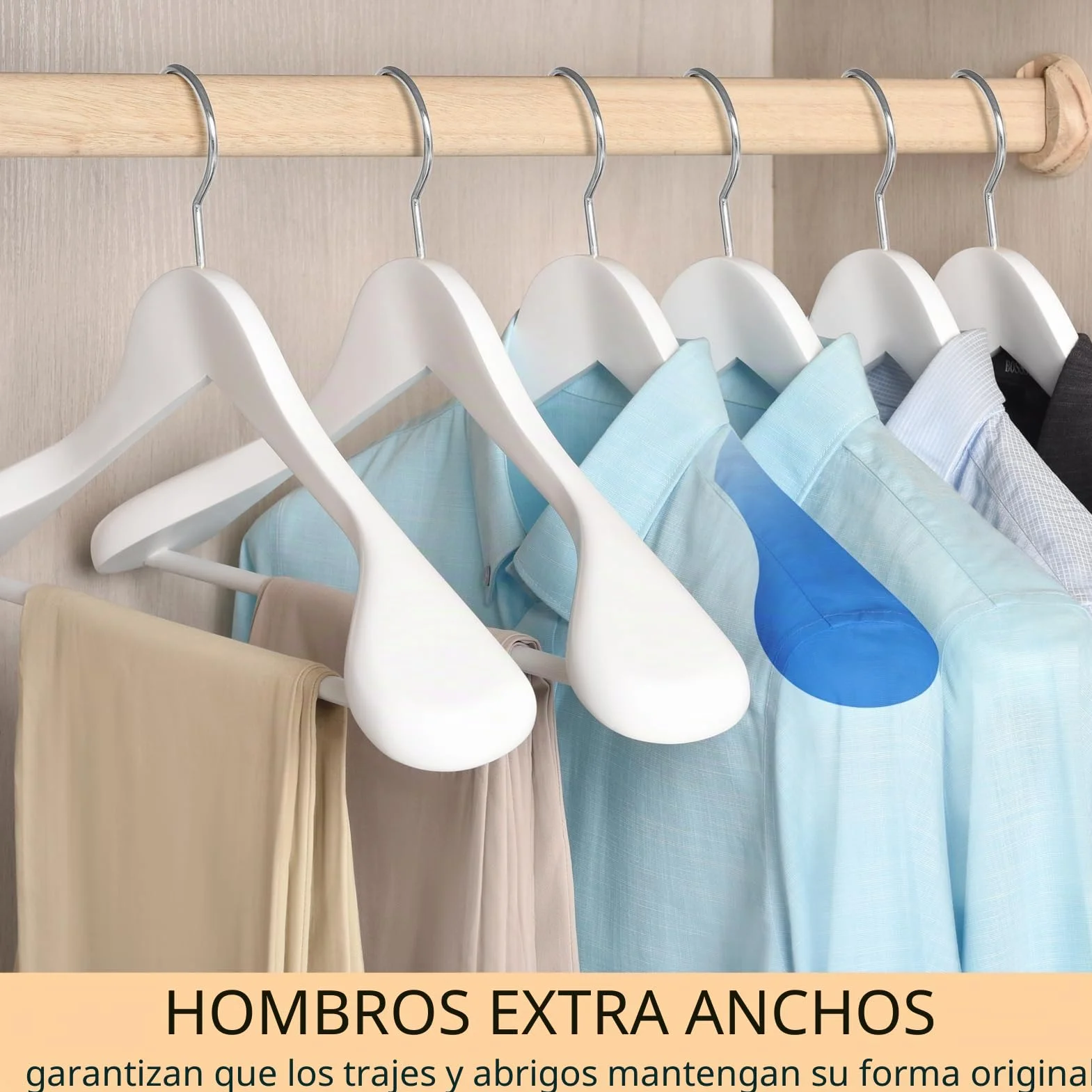 Amber Home 10 Unidades 44,5cm Perchas de Madera Blanco con Hombros Anchos, Lujosa y Robusta Percha para Ropa Exterior Abrigos Trajes Chaquetas con Varilla Redonda Antideslizante