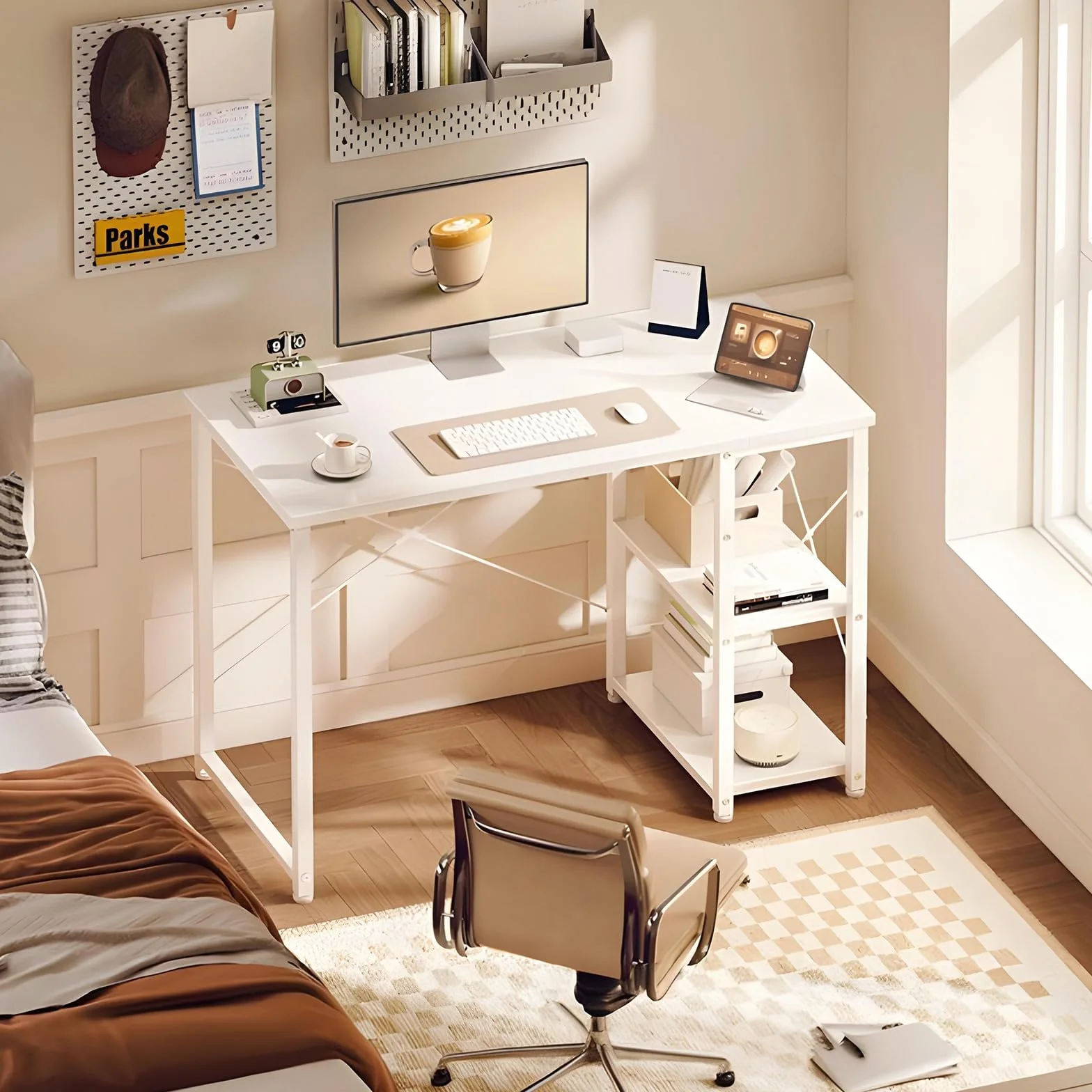 ODK Escritorio con Estantería Reversible, 100x48cm Mesa Escritorio con Estantes de Almacenamiento, Mesa Oficina Mesa Ordenador para en Casa, Estudio y Gaming, Blanco