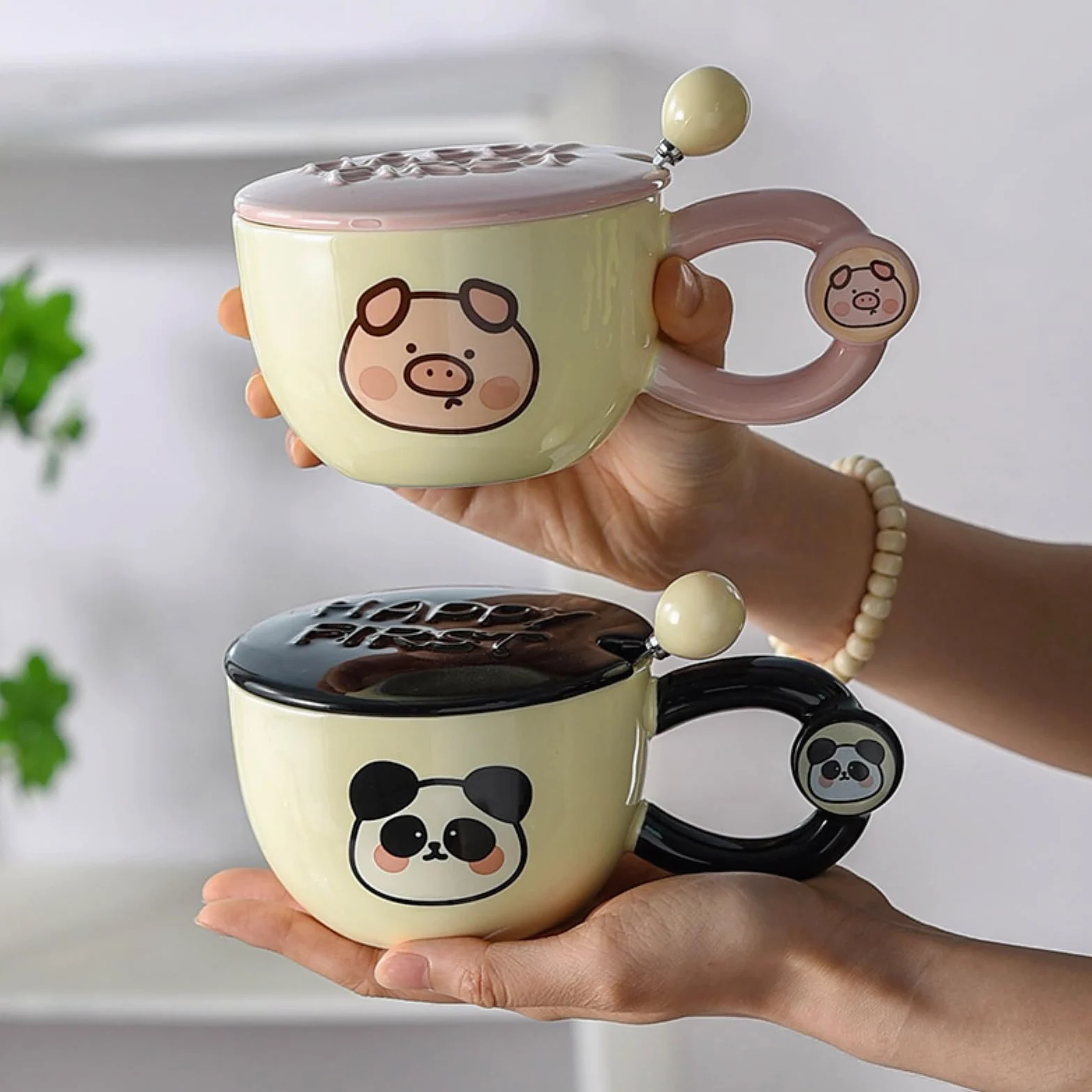 Taza de desayuno de 400 ml con cuchara de boca ancha para parejas, cerdo, 400 ml