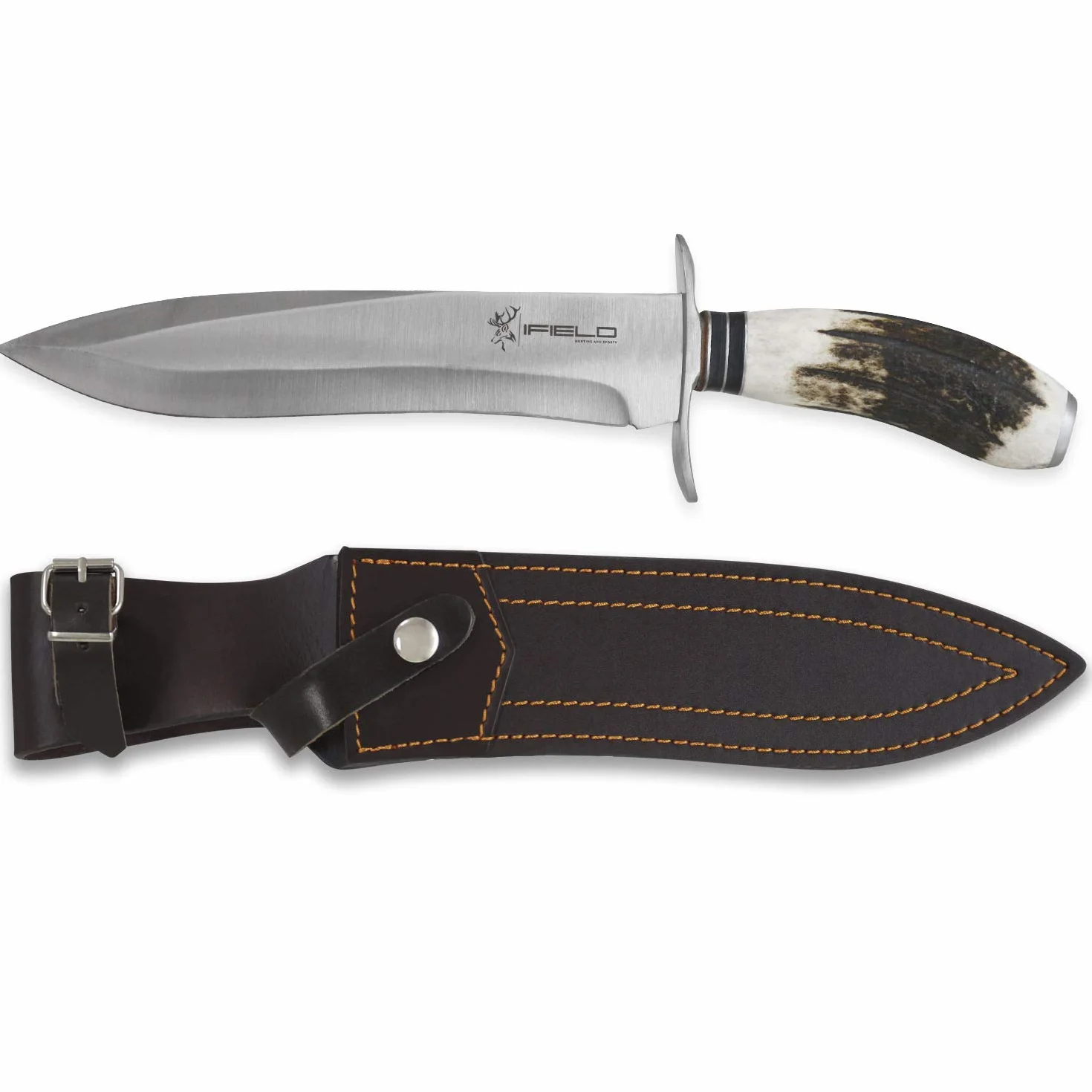 iFIELD Cuchillo de caza Camper EL29012, mango asta de ciervo, 37 cm, hoja 23,5 cm, funda piel marrón