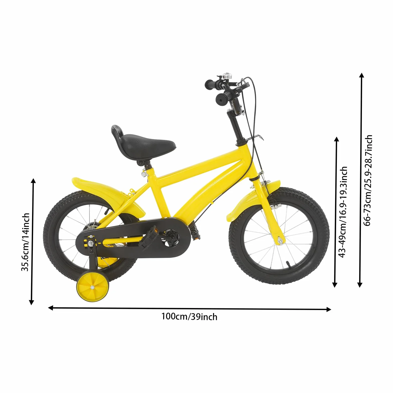 Bicicleta infantil 14 pulgadas ruedas estabilizadoras guardabarros asiento ajustable 43-49 cm amarillo negro