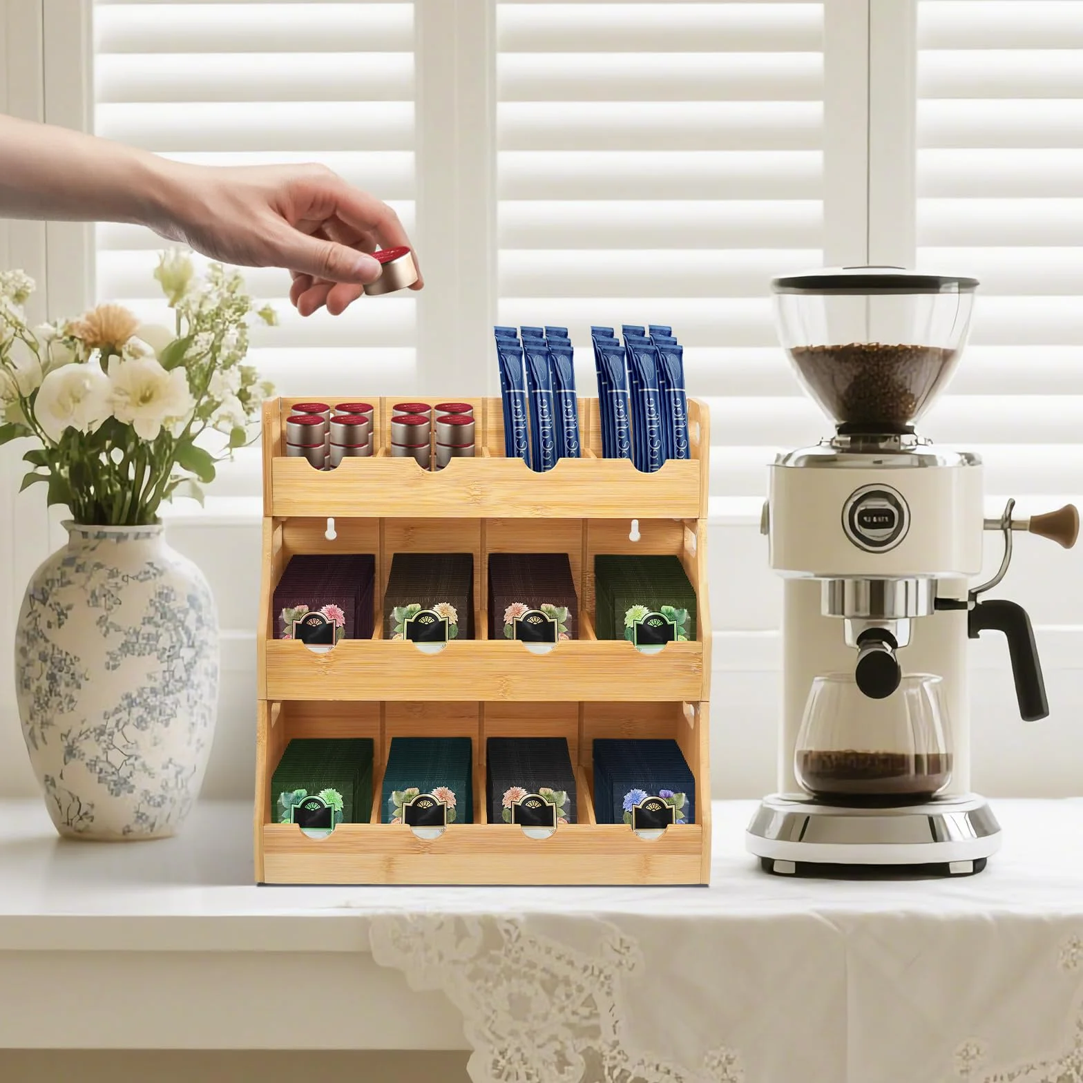 Organizador de Bolsas de Té De Vertical de Bambú, Apilable de 3 Niveles Caja Infusiones, para Colgar En La Pared Caja Te De con 12 Compartimentos Extraíbles para Bolsas De Té Café Azúcar