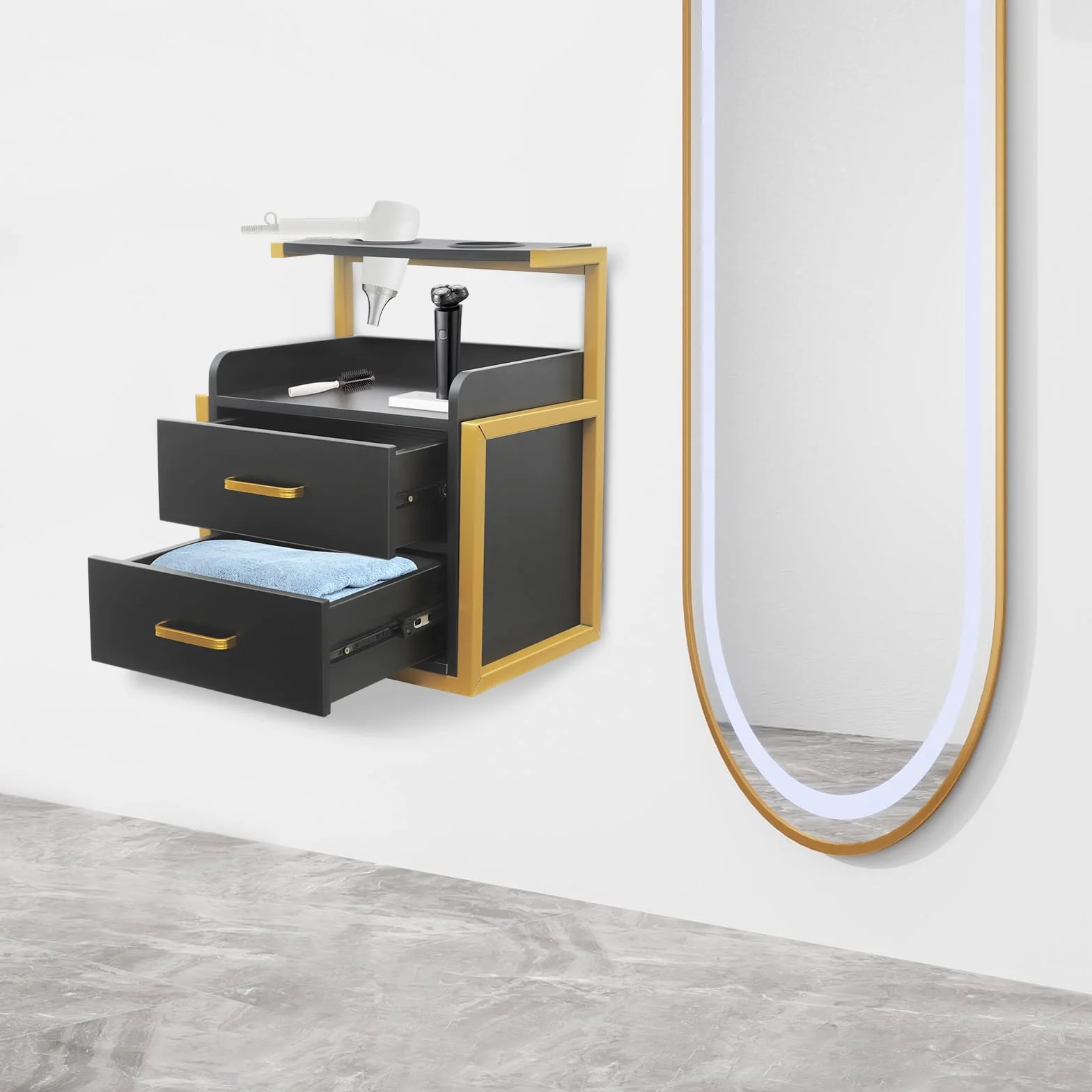 Armario colgante para peluquería, armario de pared con cajones y soporte para secador de pelo para accesorios de peluquería, armario de belleza, moderno, dorado y negro, 40 × 30 × 48 cm