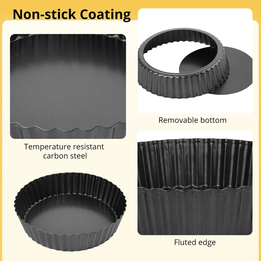 Moldes antiadherentes de 9 pulgadas con base extraíble, paquete de 2 moldes para quiche para tartas, platos estriados de acero al carbono
