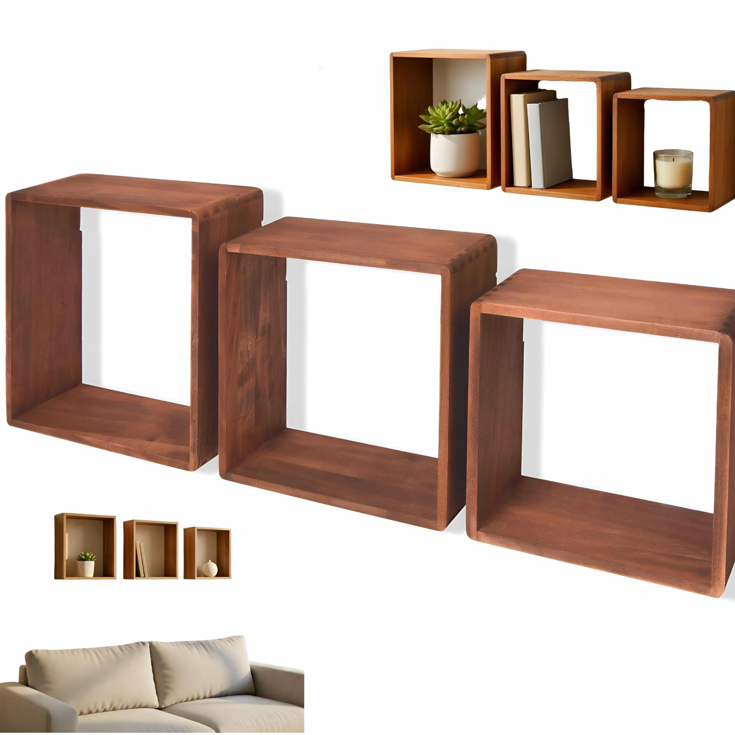 Juego de 3 Cubos Estantes de Pared Set de 3 Cubos Flotantes de Álamo 22,5/25,5/28,5 cm Estanterías Cuadradas para Decoración Libros Plantas y Objetos Organizadores de Pared (Marron)