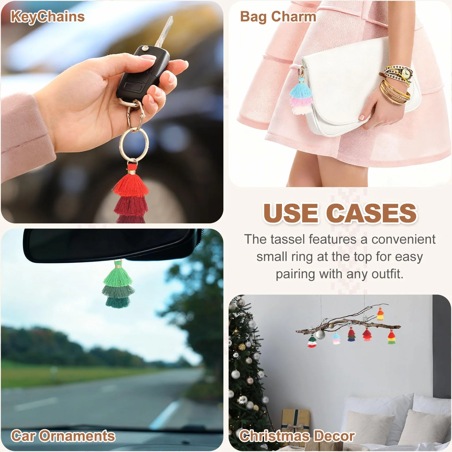 QUARKZMAN Borlas Miniaturas De Tres Capas 1.6" Multiples Niveles Bohemio Hecho A Mano Charm para Bolsa con Anillo para Hacer Aretes Llaveros Atrapasueños DIY Paquete De 25, Beige