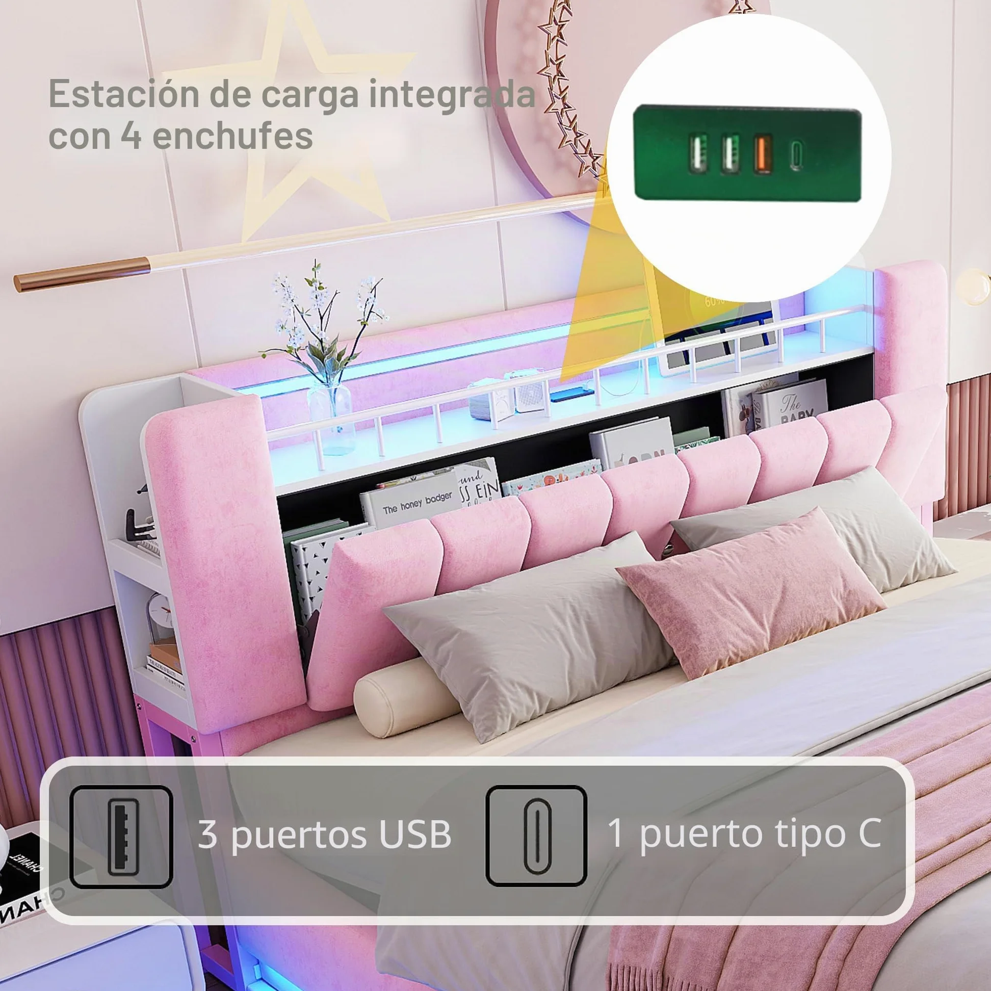 Kebnor Cama tapizada inteligente con iluminación LED, USB y almacenamiento hidráulico, funda de terciopelo suave y marco de metal (rosa, 180 x 200 cm)