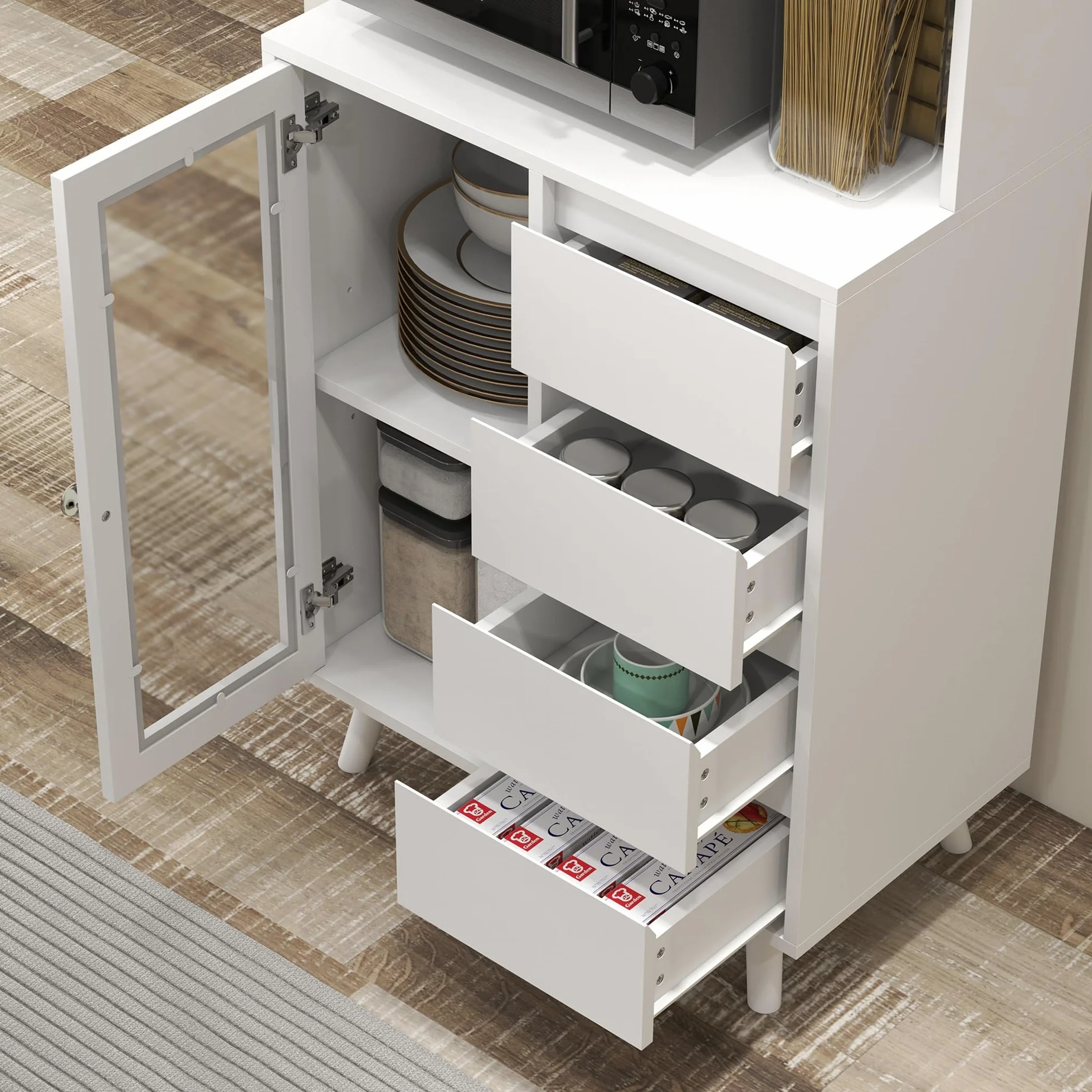 HOMCOM Alacena de Cocina Armario de Cocina Buffet Aparador con 2 Puertas de Vidrio Compartimentos Abiertos 4 Cajones y Estantes Ajustables 60x35x180 cm Blanco