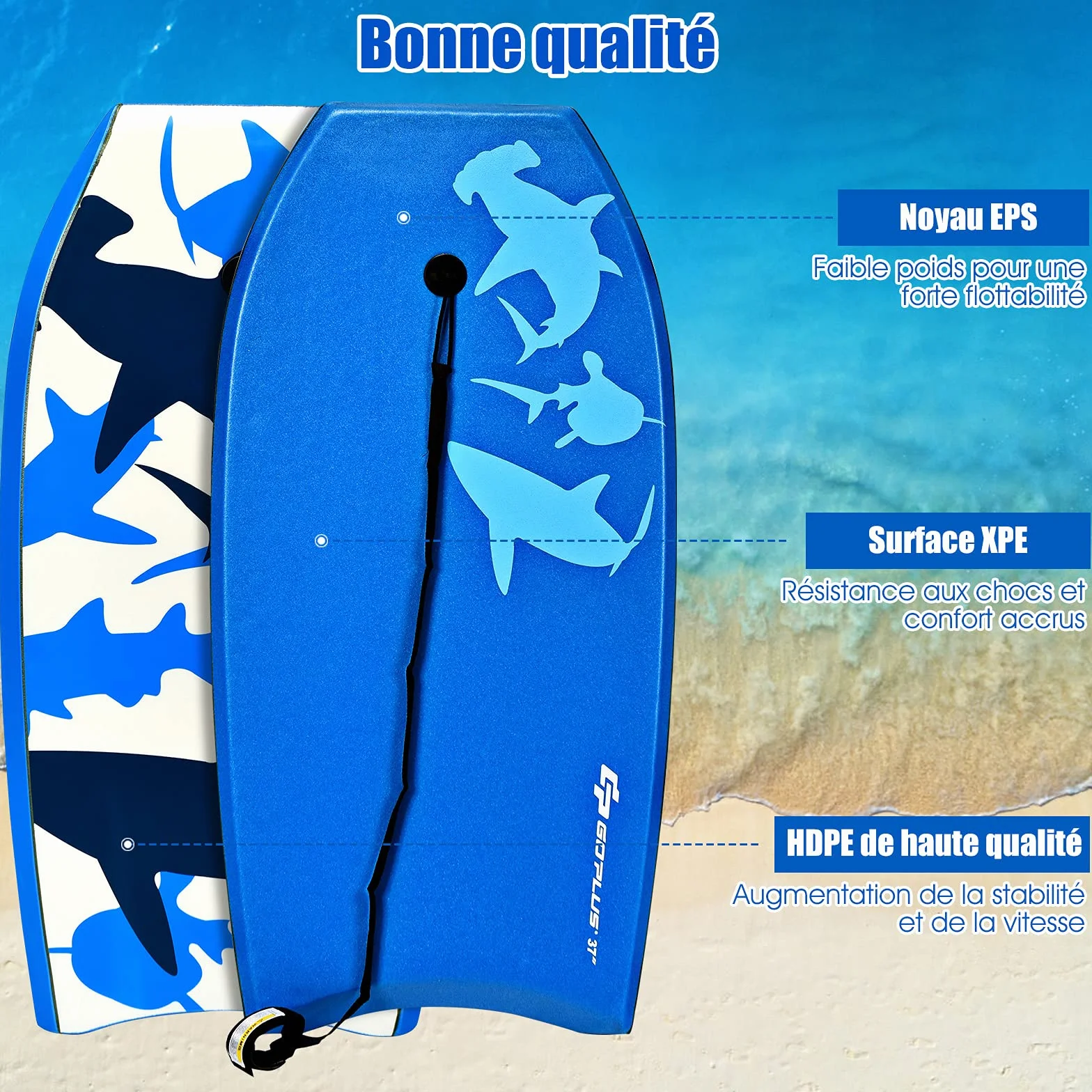 Goplus Bodyboard 105 cm Tabla de Ondas Ligero Resistente Correa Muñeca