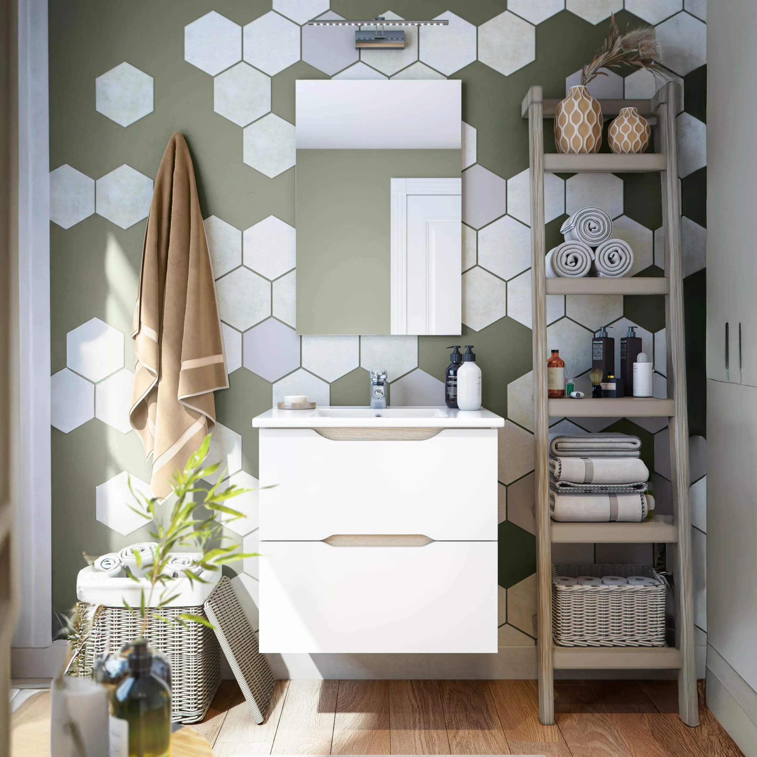 duehome | Mueble de Baño Suspendido con 2 Cajones y Espejo, Modulo Colgante, Modelo Nexa, Acabado en Blanco Brillo y Roble, Medidas: 60 cm (Ancho) x 57 cm (Alto) x 45 cm (Fondo)