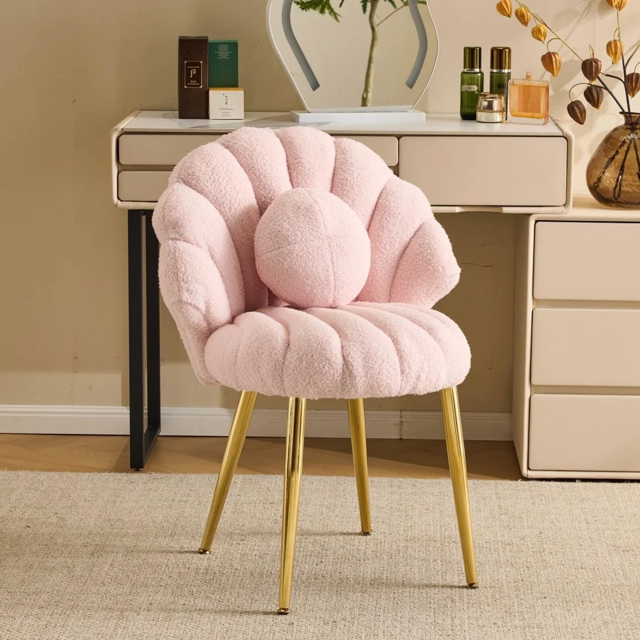 Bonnlo Silla Tocador Maquillaje, Silla Escritorio sin Ruedas de Peluche Sueve, con Respaldo Forma de Concha y Cojín Extraíble, Sillón Comedor Estilo Nórdico con Patas Doradas y Respaldo Redondo, Rosa