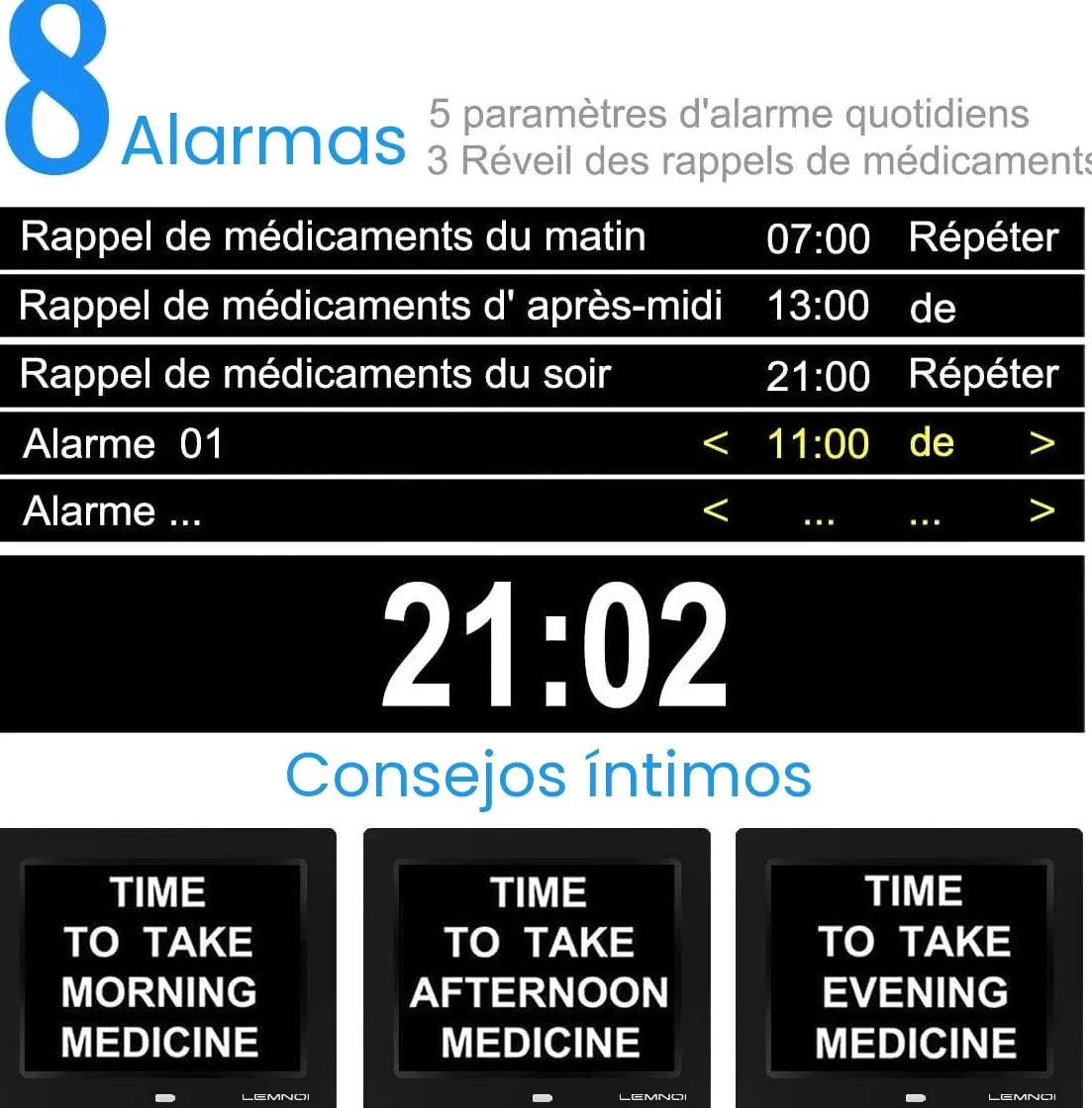 LEMNOI 8 Pulgadas Reloj Digital Calendario con Fecha y Hora,Reloj Alzheimer,Atenuación automática,8 Idiomas,Recordatorios de Medicamentos para Alzheimer Ancianos (Negro)