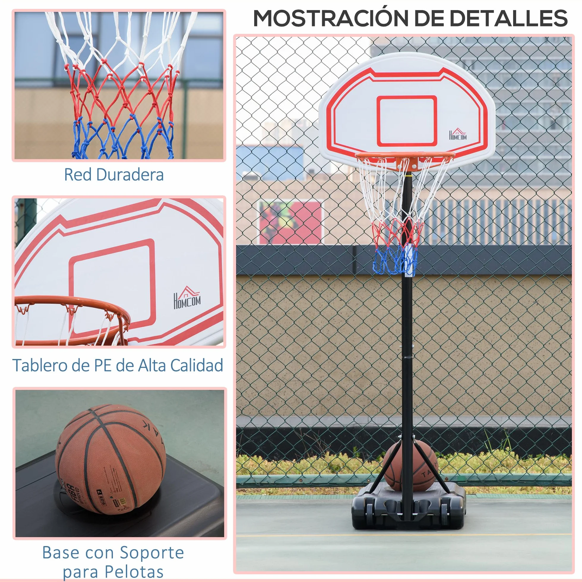 HOMCOM Canasta de Baloncesto Exterior Altura Regulable 258-314 cm Aro Base Rellenable Ruedas Negro Rojo