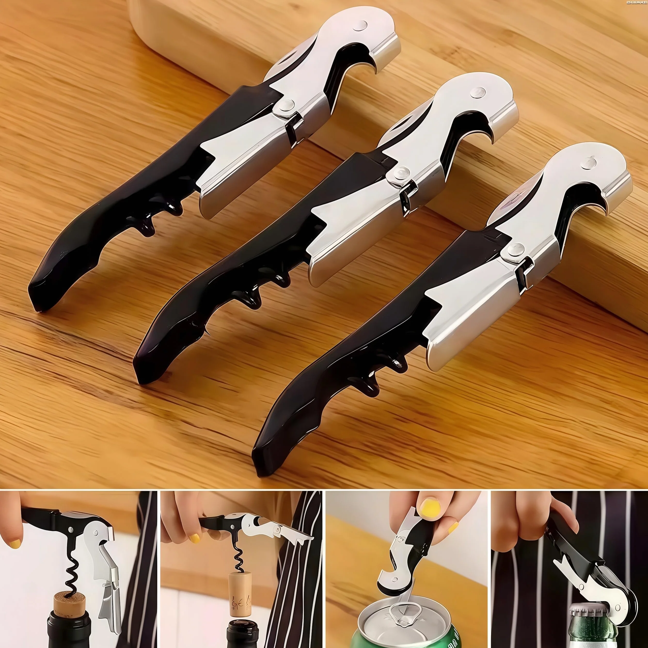 Abridor de Vino,4 Piezas Sacacorchos Camarero Profesional,Sacacorchos para Vino con Cuchillo,3 in 1 Abrebotellas Vino para Restaurante(Negro)