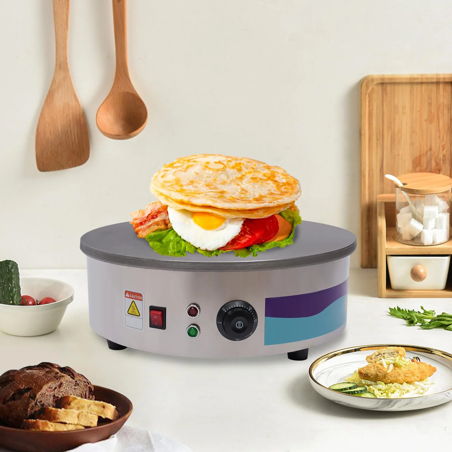 Crepera eléctrica de 3000 W, temperatura de trabajo 50 – 300 ℃, superficie de cocción no montada con diámetro de 45 cm con espátula suministrada