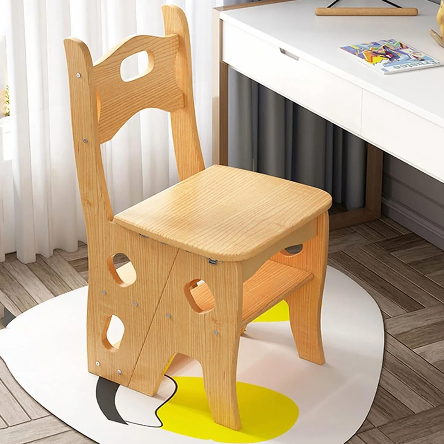 ATAA Silla Escalera de Madera Natural 3 en 1, 4 Peldaños, 88 cm, Taburete Transformable