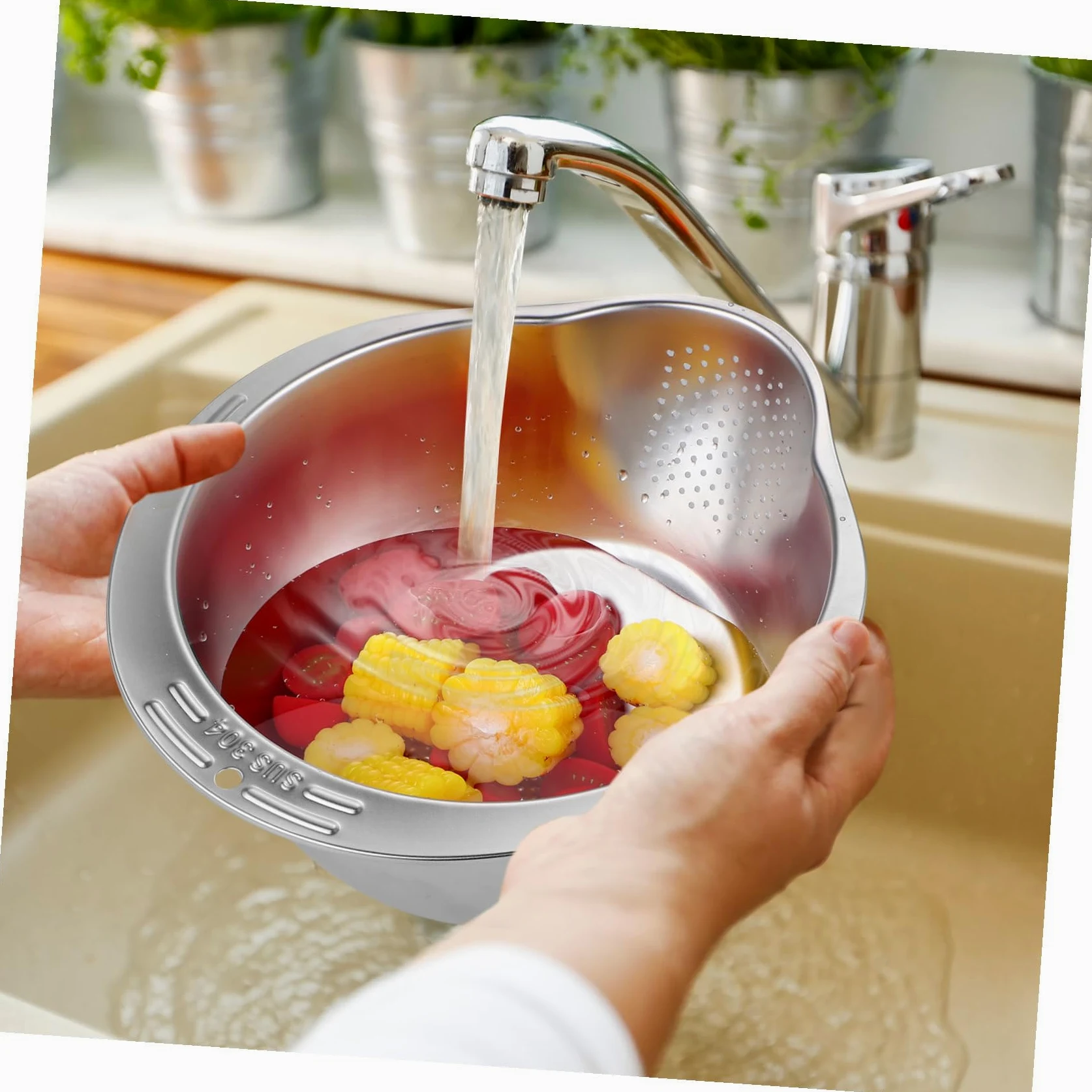 TOYANDONA Colador de Arroz de Acero Inoxidable con Base Antideslizante y Malla Fina Cuenco Multifuncional para Lavar y Escurrir Cocina Diseño Compacto y Estable